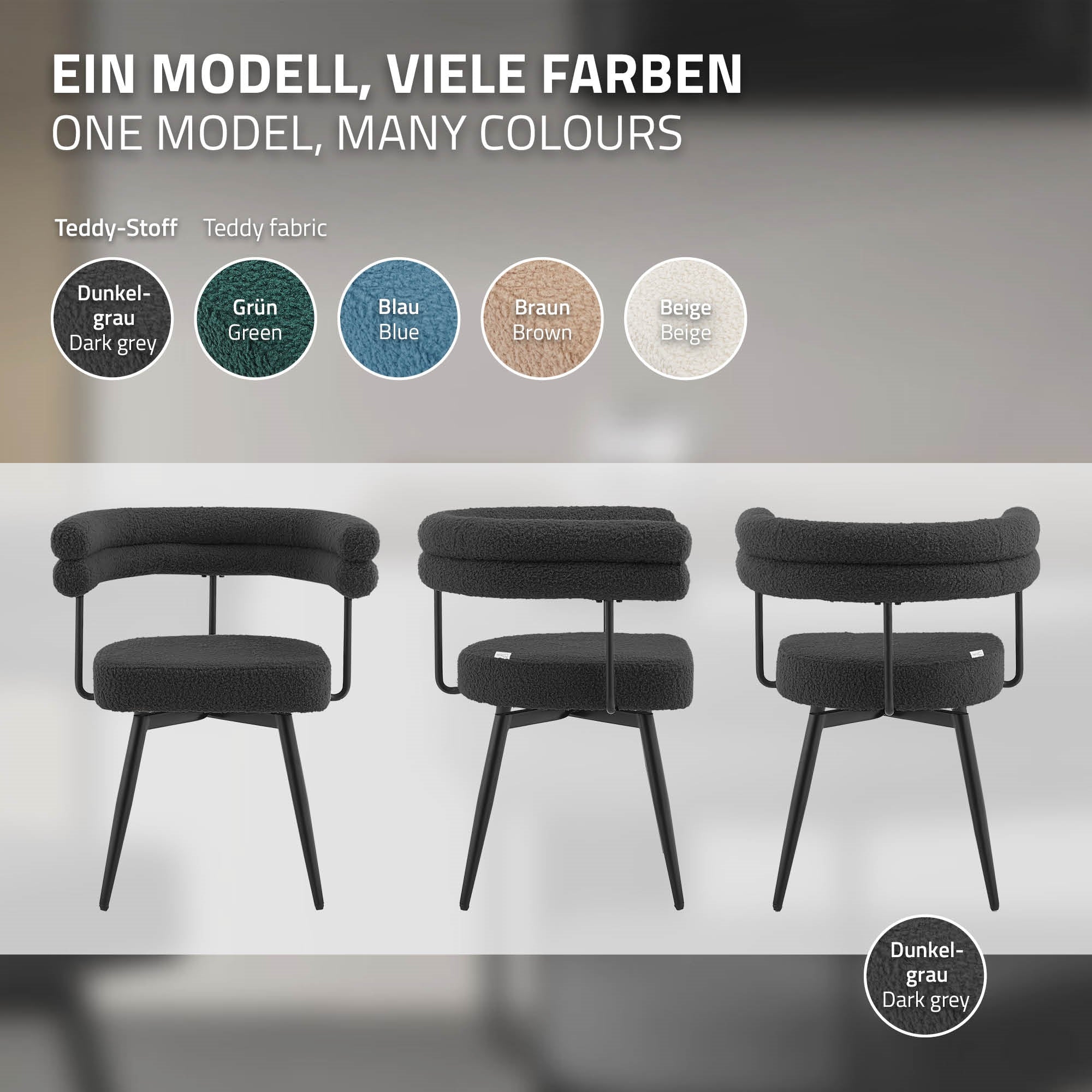 Drei Stühle in verschiedenen Farben: dunkelgrau, grün und beige auf einem hellen Hintergrund.