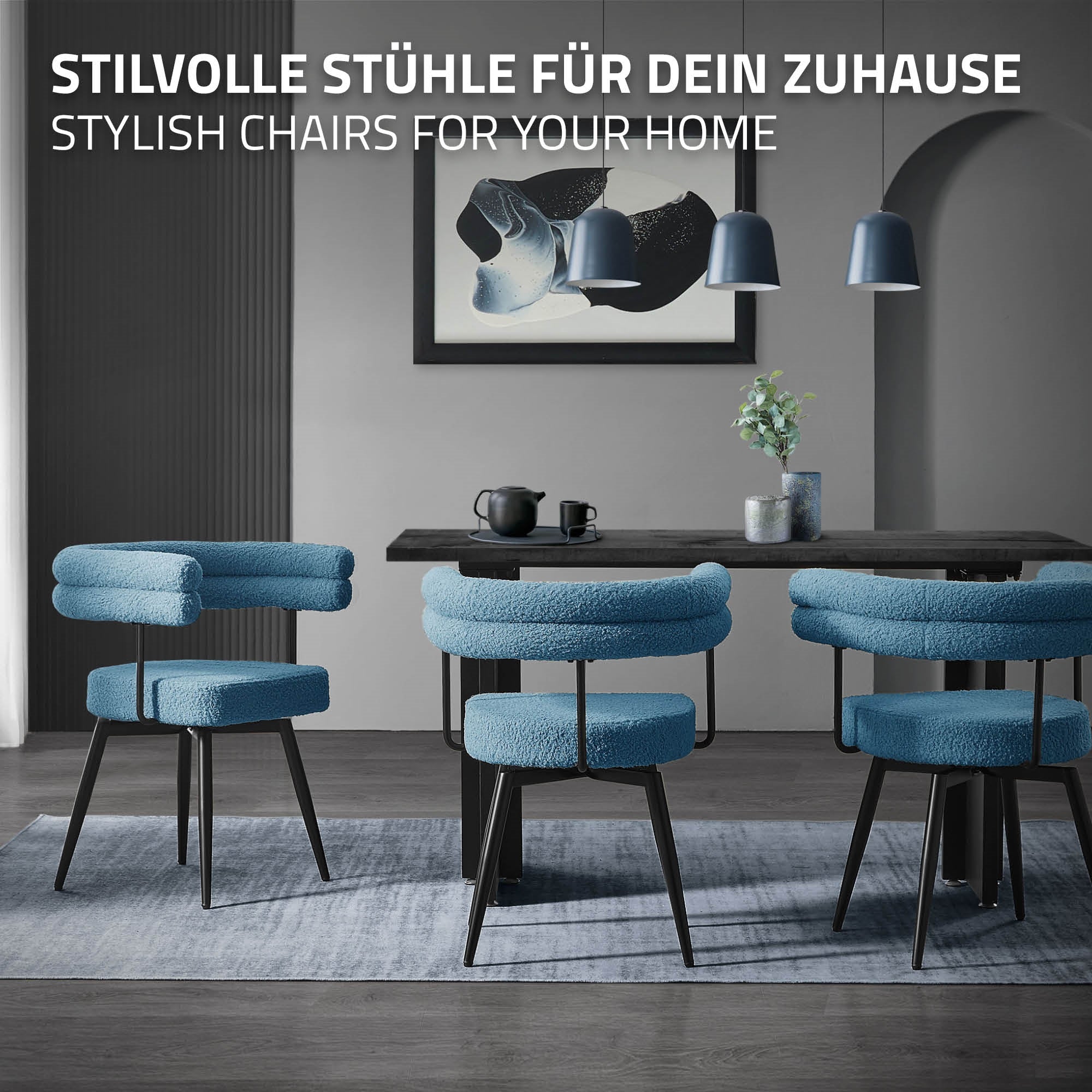 Esszimmer mit blauen Stühlen und Tisch, moderne Beleuchtung im Hintergrund.