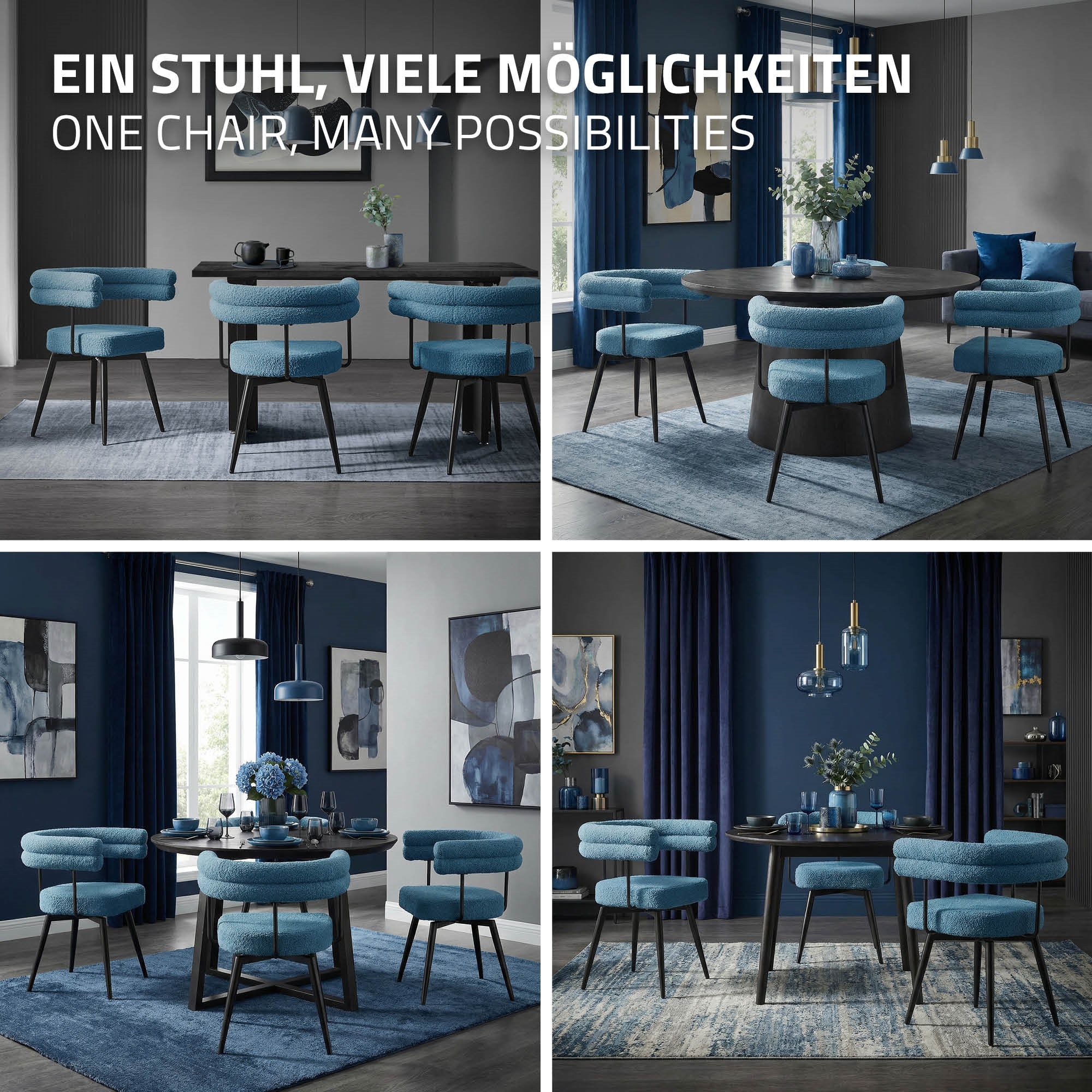 Vier Bilder eines Essbereichs mit verschiedenen Stühlen in blauer Umgebung.