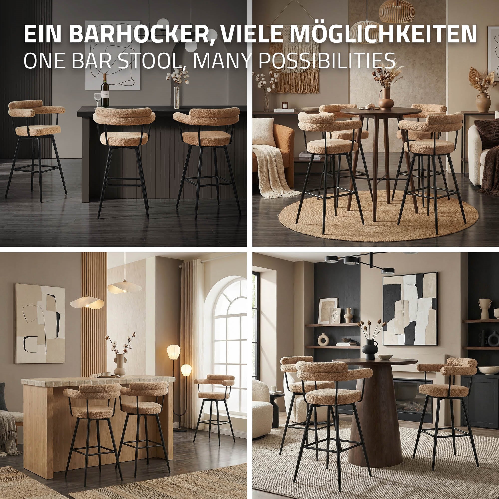 Quatre images de tabourets de bar dans différentes pièces et styles.