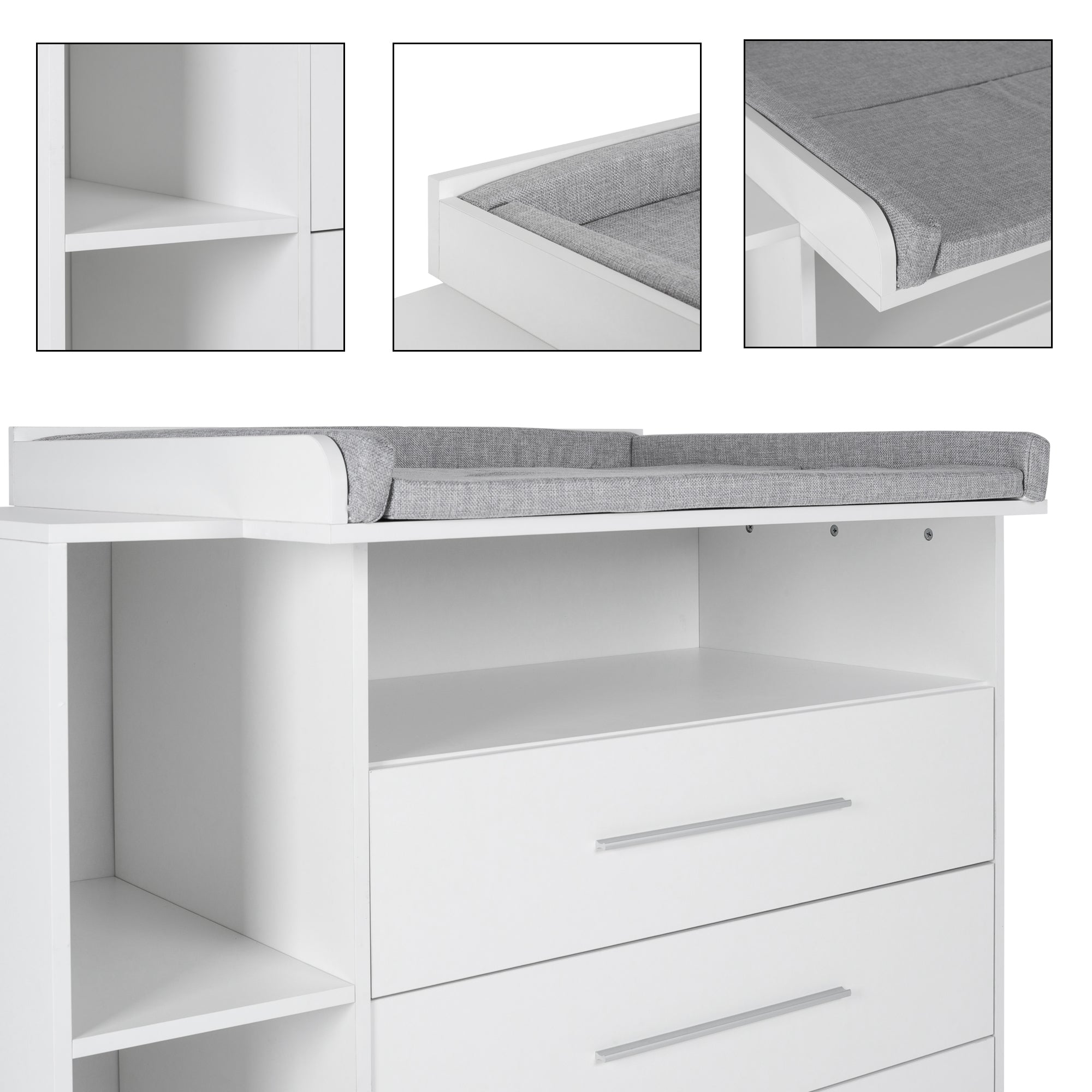Armadio bianco con piano grigio e cassetti.