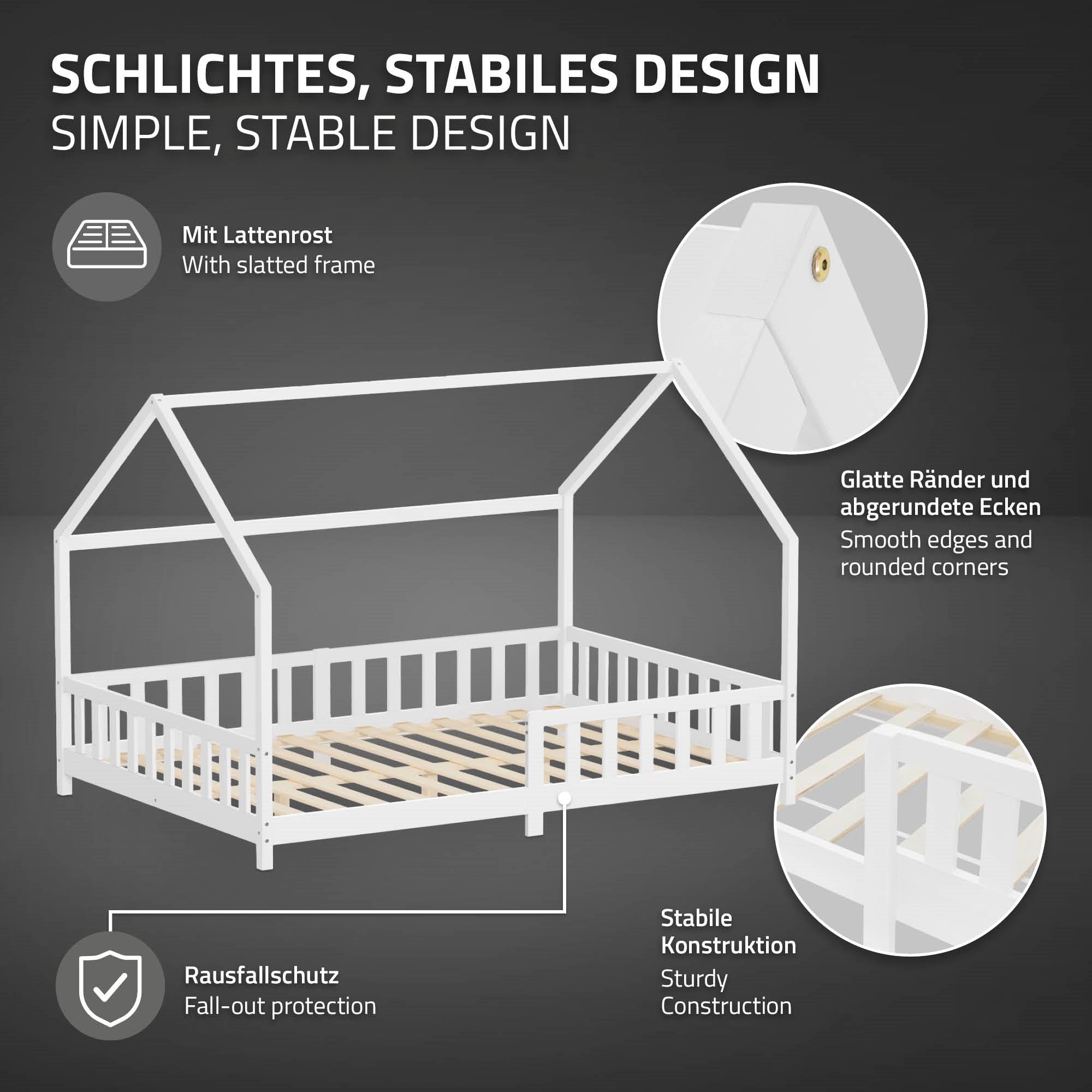 Illustration of a children's bed with a sturdy construction and rounded corners.
