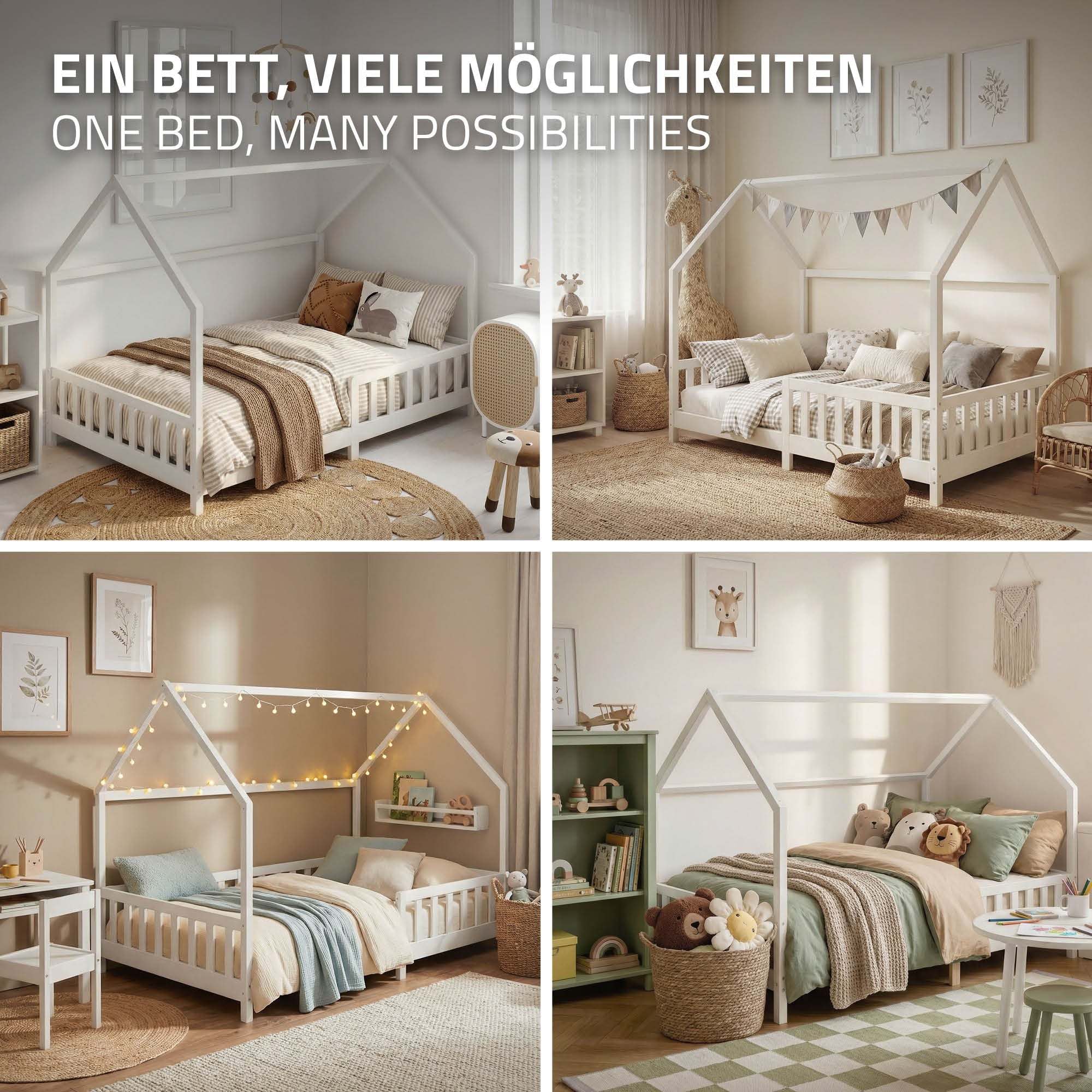 Four different design options for a children's bed in a room.