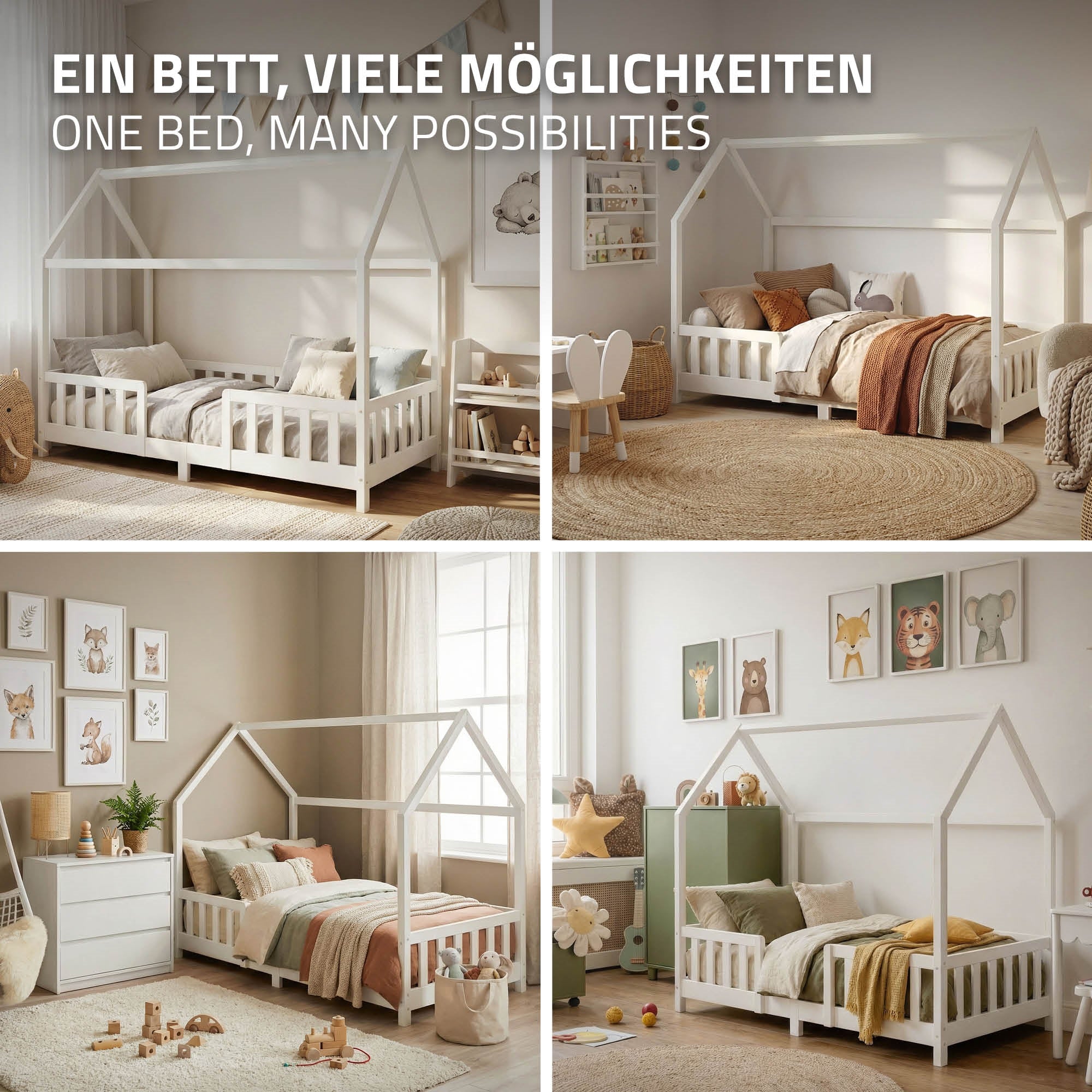 Collage von verschiedenen Kinderbetten in unterschiedlichen Einrichtungsstilen.