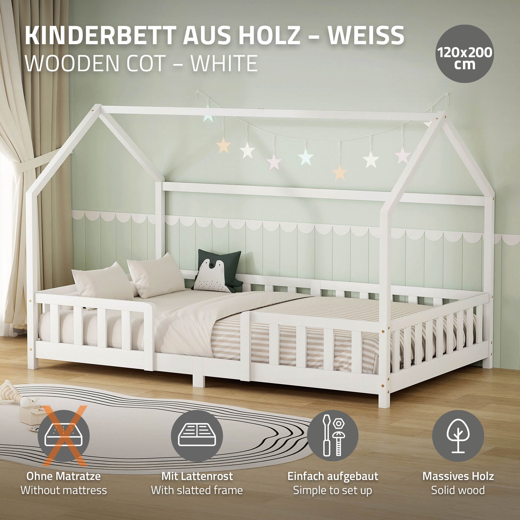 Weißes Kinderbett aus Holz im Hausdesign, ohne Matratze, mit Sternenlichtern.