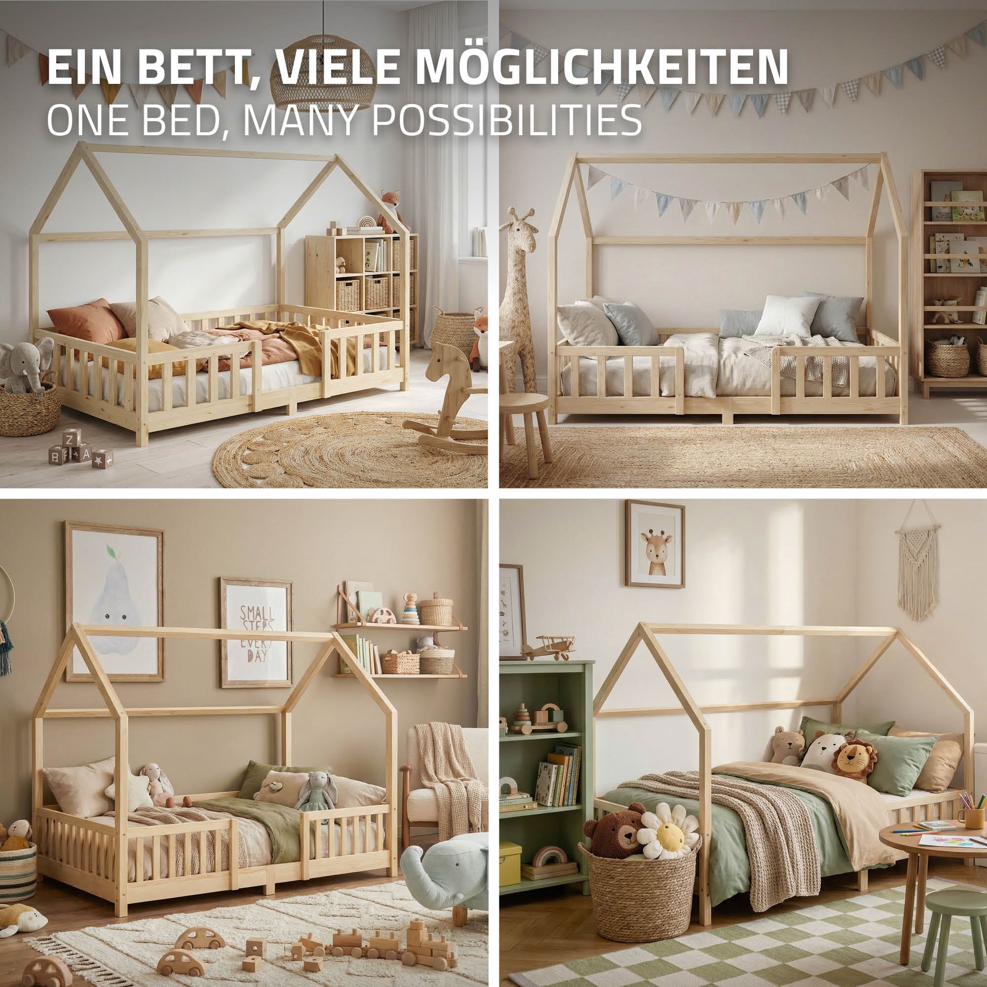 Verschiedene Varianten eines Holz-Kinderbetts in einem Raum.