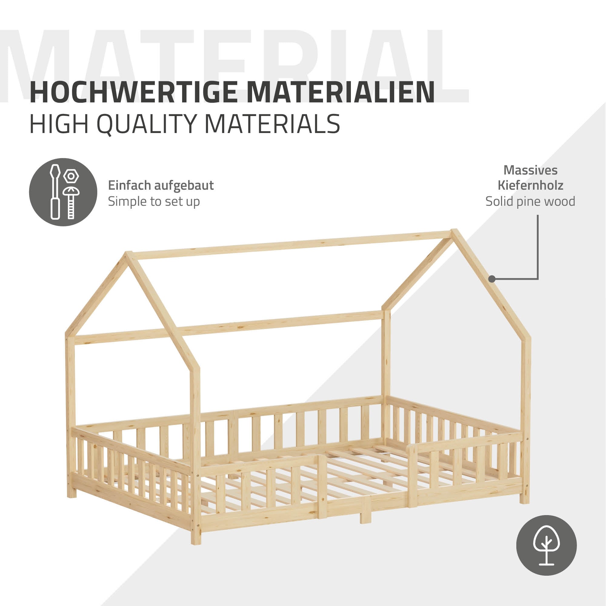 Holzrahmenbett in Form eines Hauses auf hellem Hintergrund.