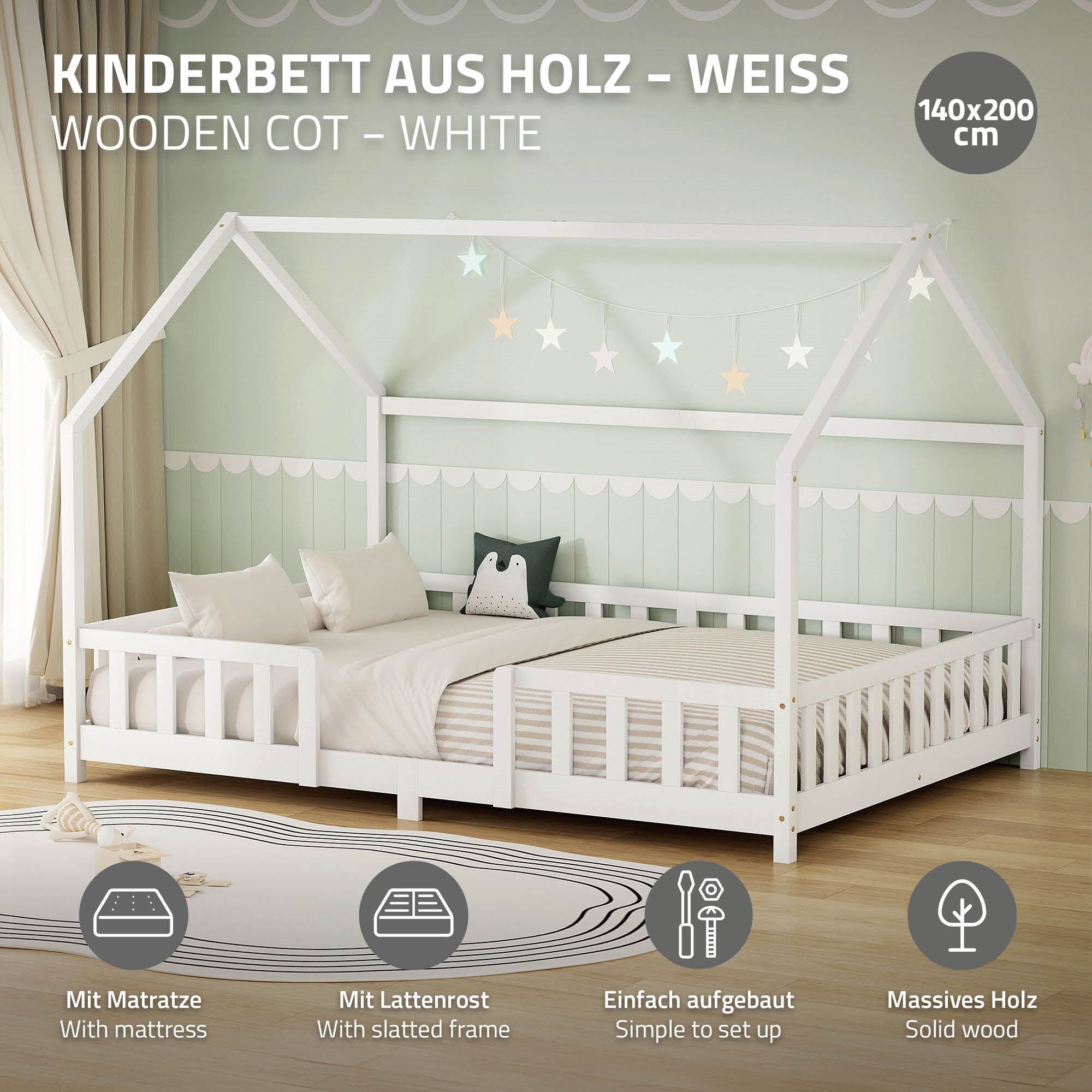 Wooden children's bed in white with mattress and slatted base.