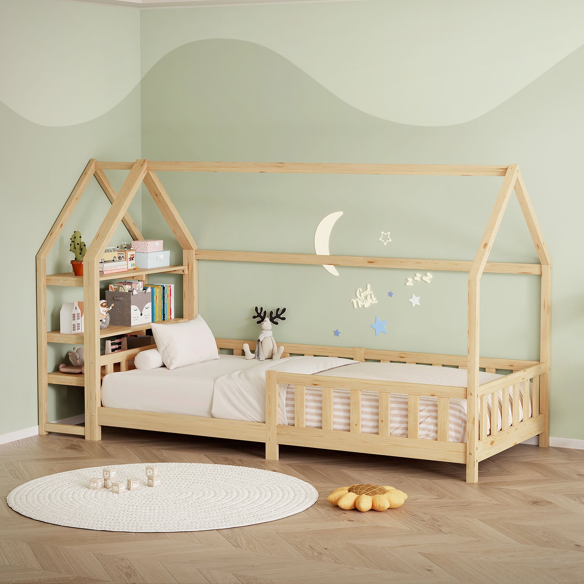 Een houten huisbed met een plank en kussens op een tapijt in een kamer.