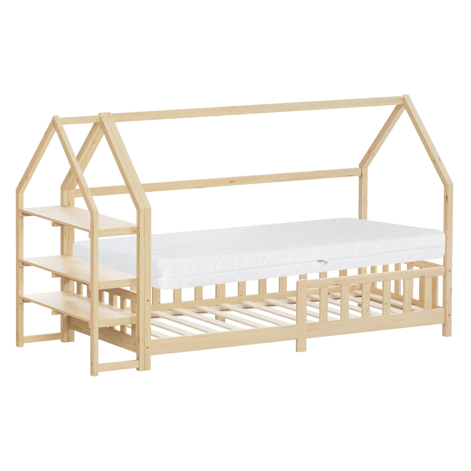 Een bed met een houten huisdak, met matras en zijplanken.