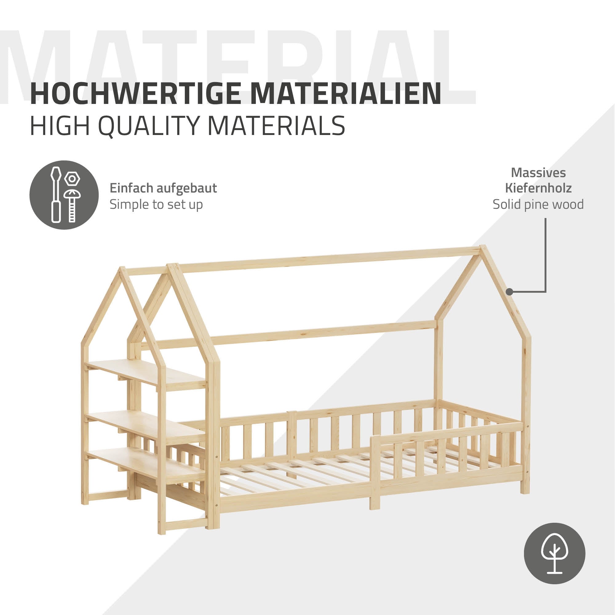 Holz-Kinderbett mit Dachkonstruktion und offenen Regalen.