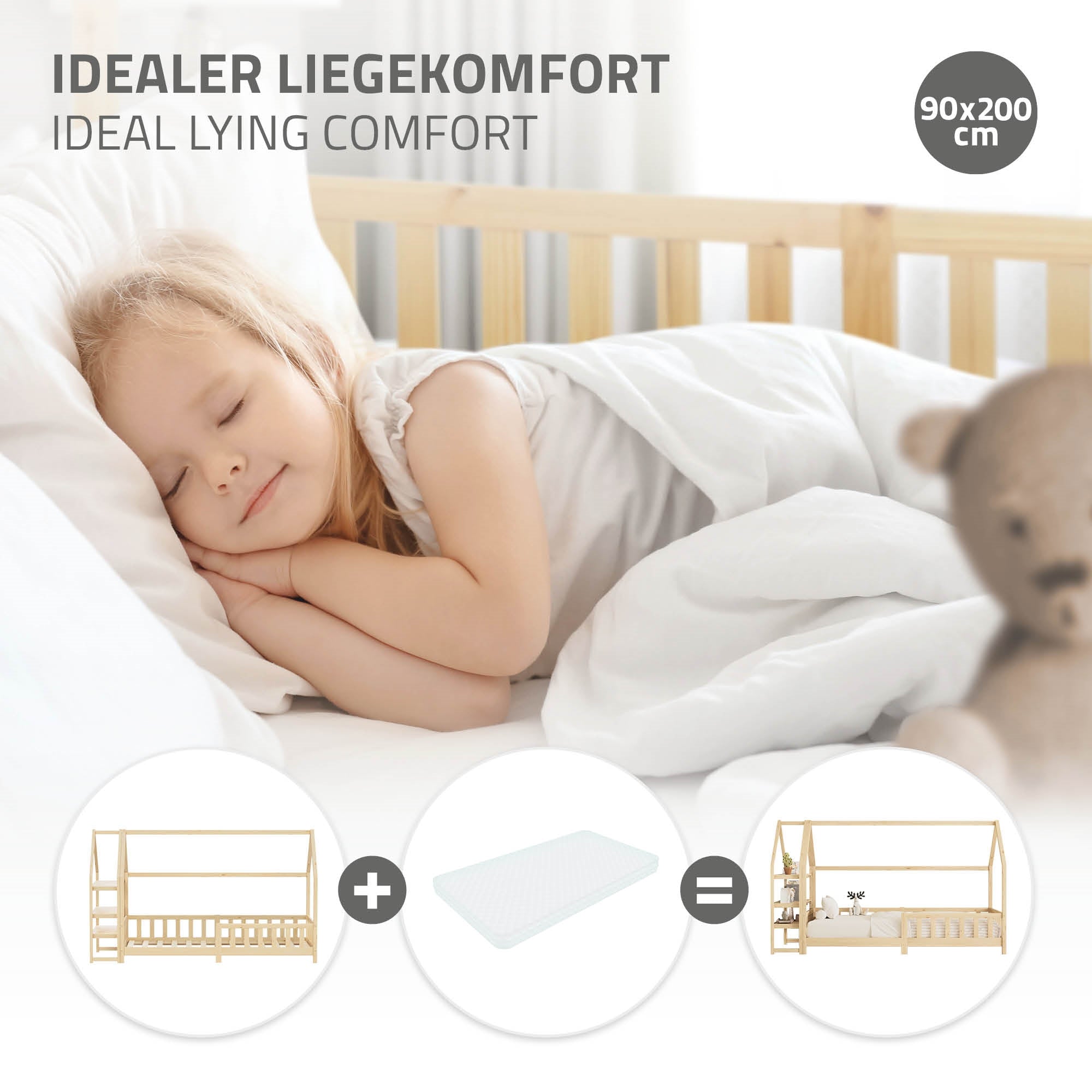 Een slapend kind in een bed met witte beddengoed.
