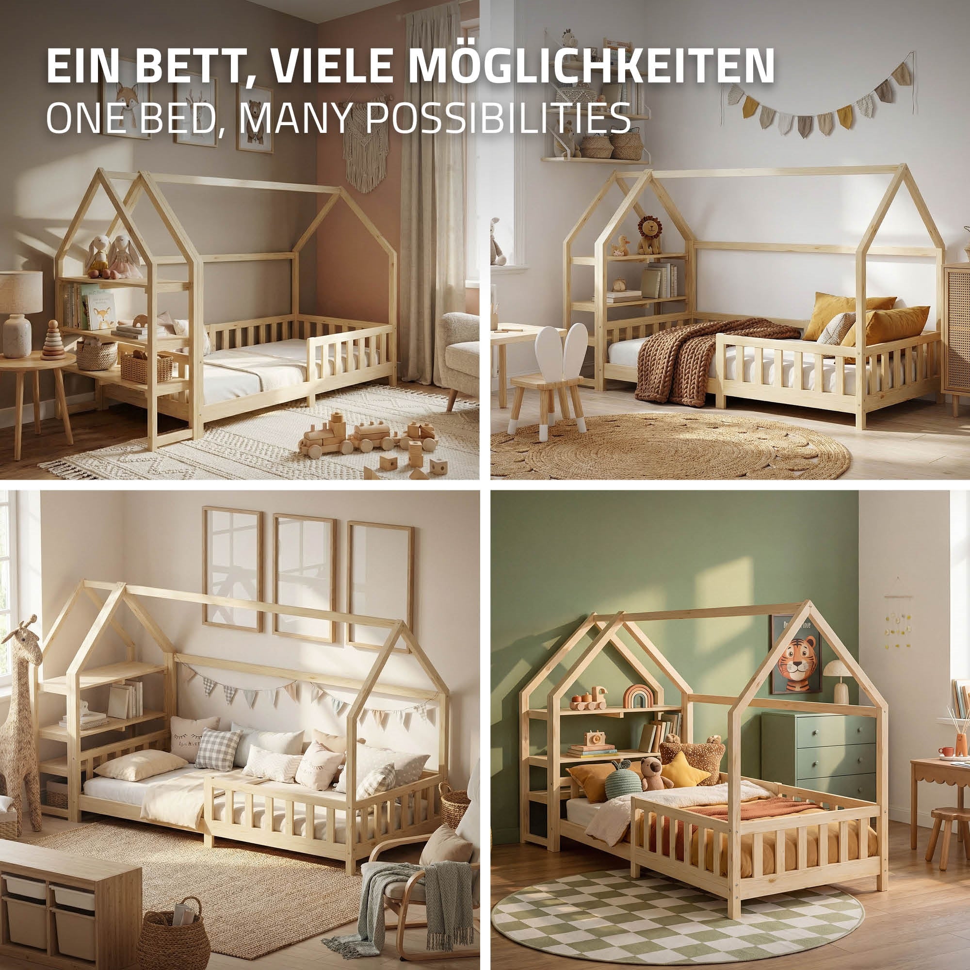 Vier foto's van bedden in verschillende ontwerpen en kleuren in een lichte kamer.