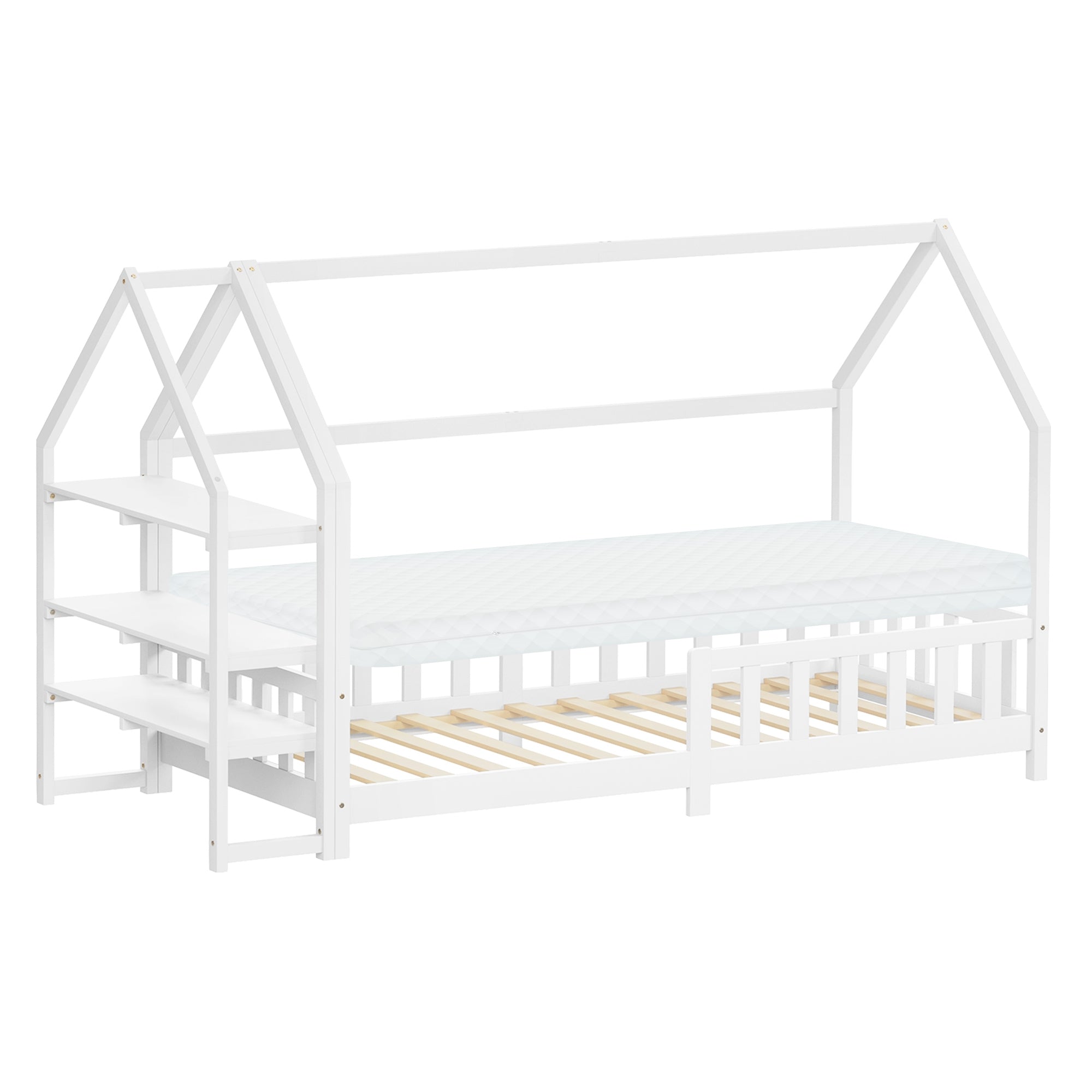 Wit bed met dak en matras, op een lichte vloer.