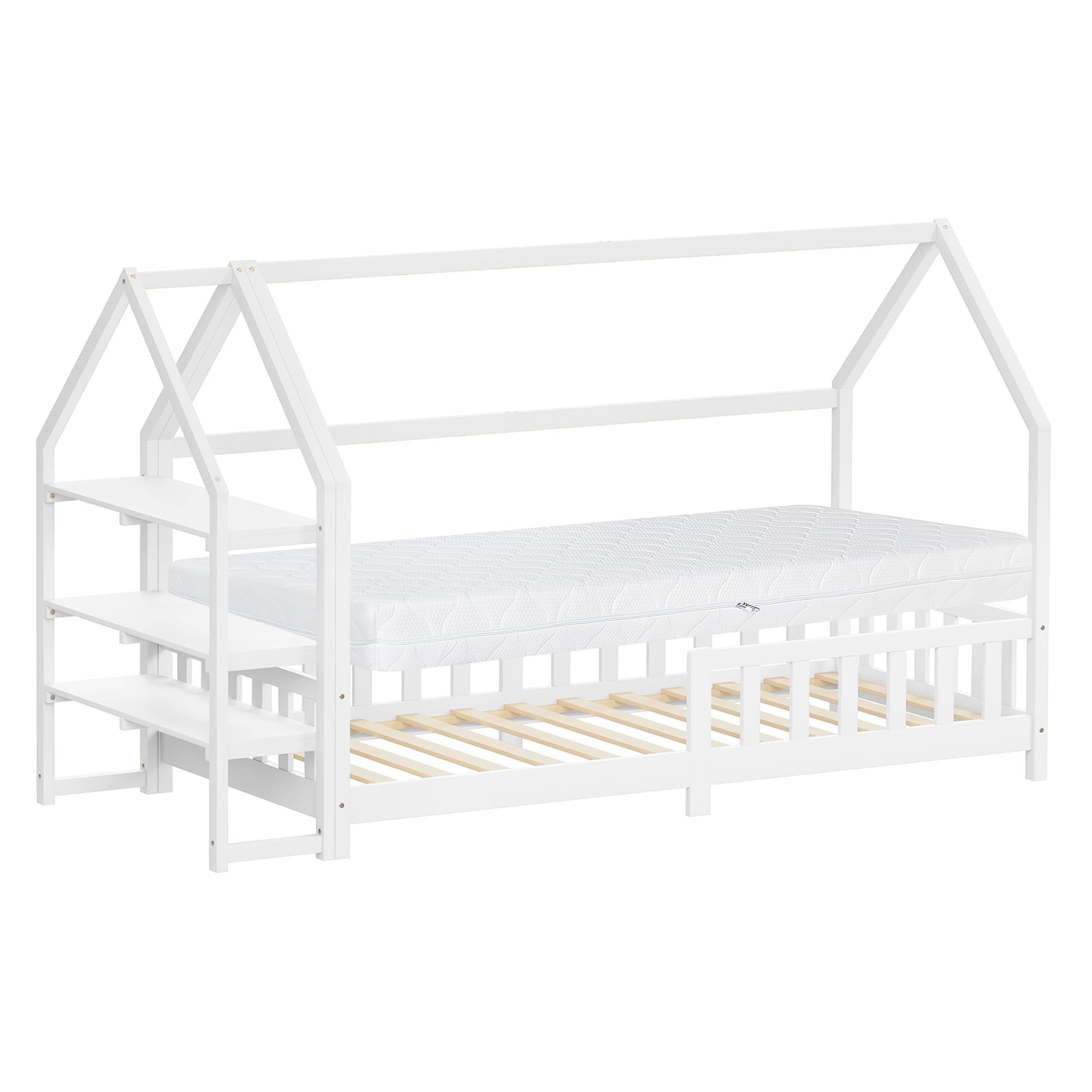 Een wit kinderbed in huisontwerp met matras en lattenbodem.