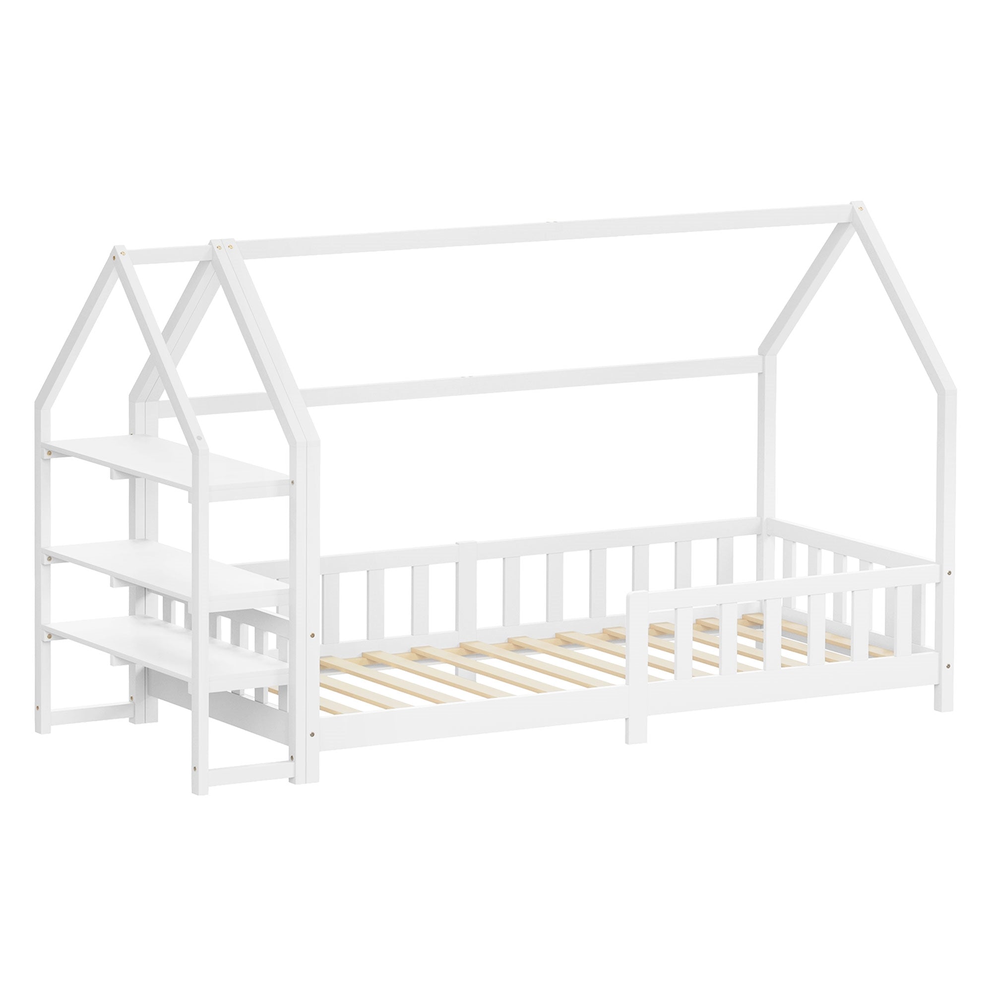 Wit kinderbed in huisvorm met open planken en een hek.