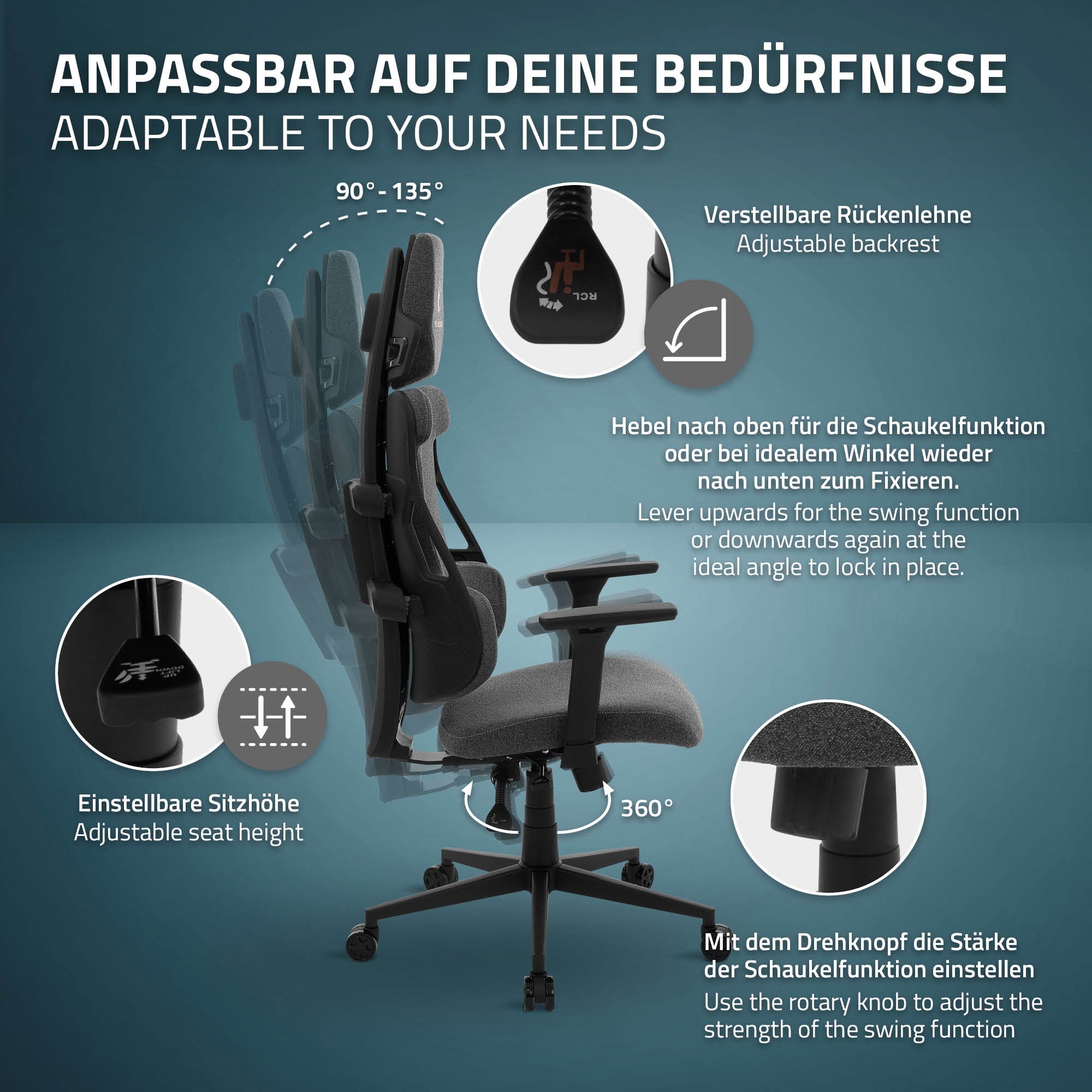 Stuhl mit verstellbarer Rückenlehne und Sitzhöhe, drehbar.