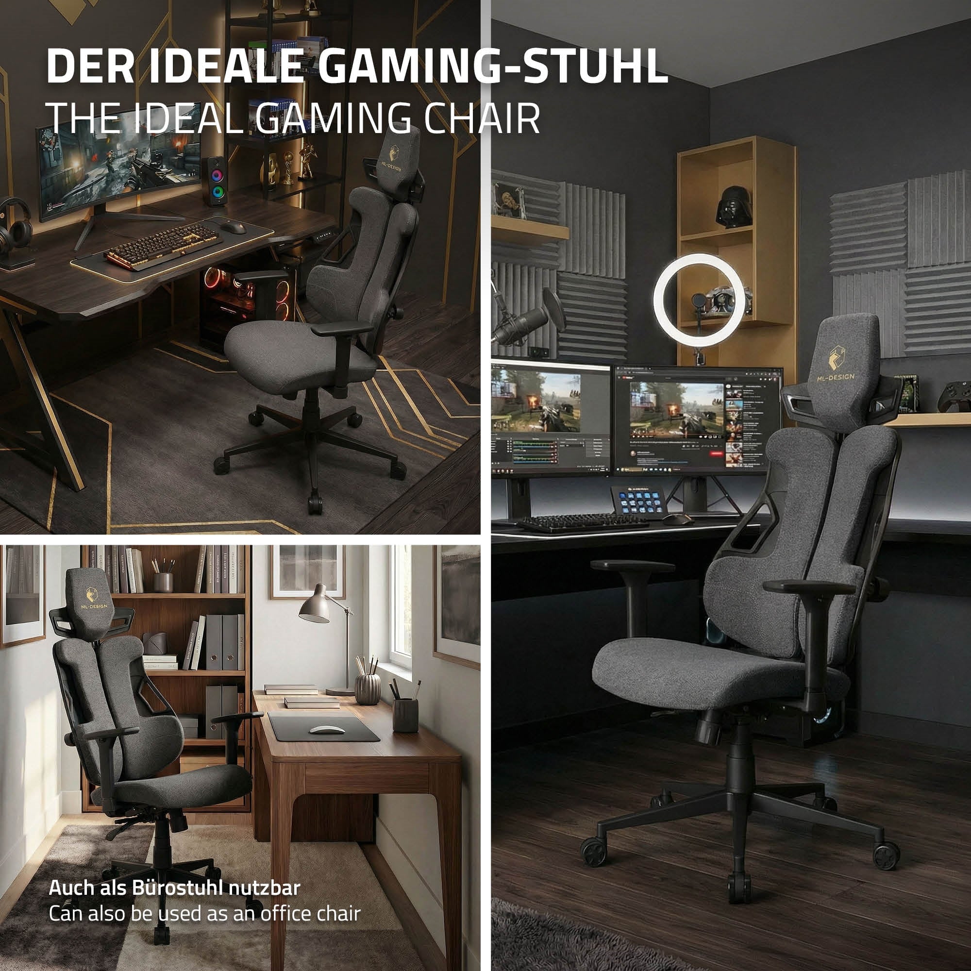 Collage von Bildern eines Gaming-Stuhls in verschiedenen Räumen.