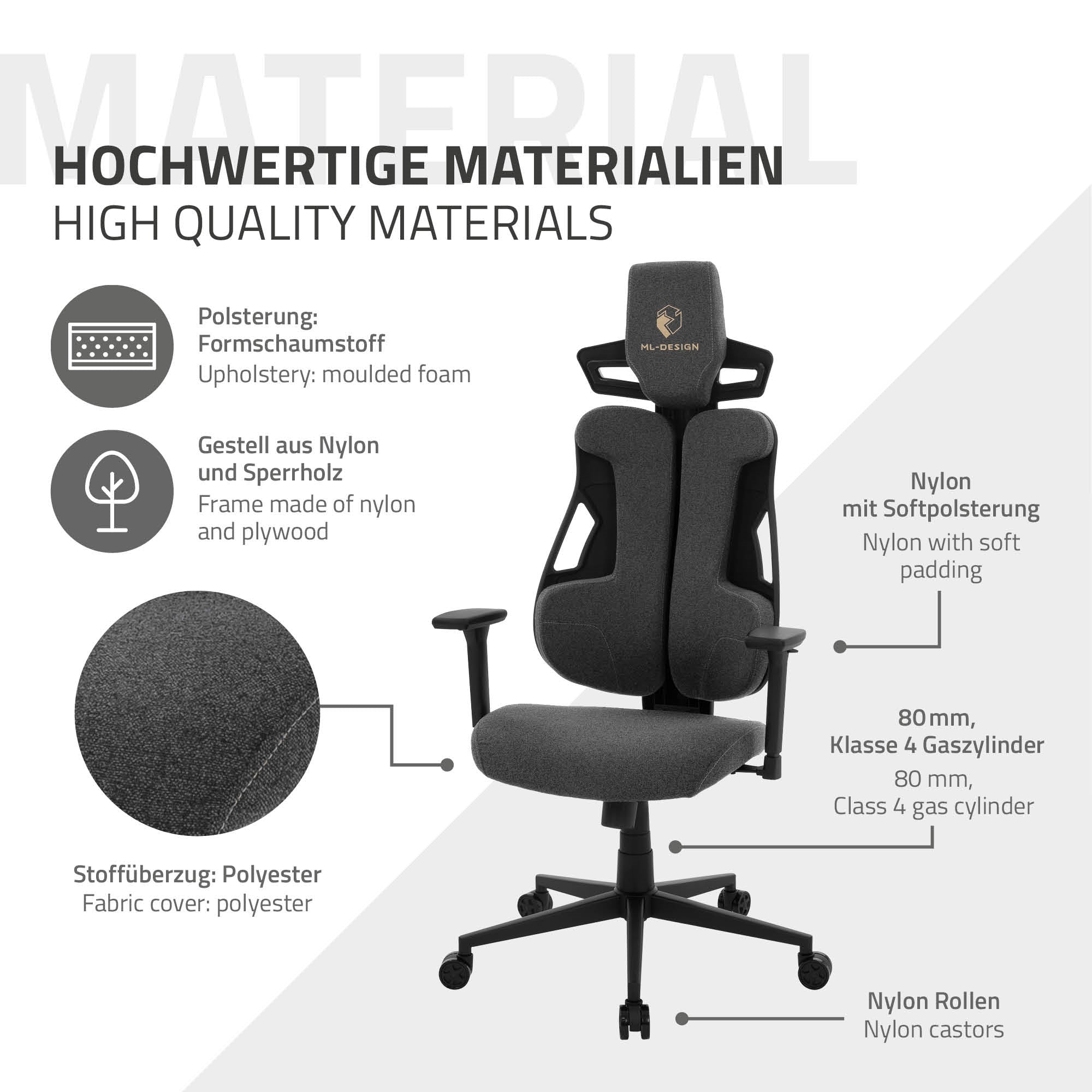 Detailansicht eines Gamingstuhls mit hochwertigen Materialien und Polsterung.