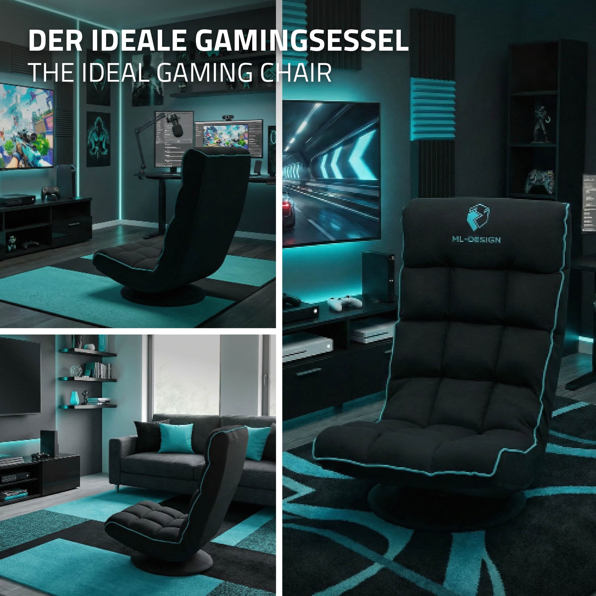 Chaise de gaming dans une pièce moderne avec de la technologie et des accents bleus.
