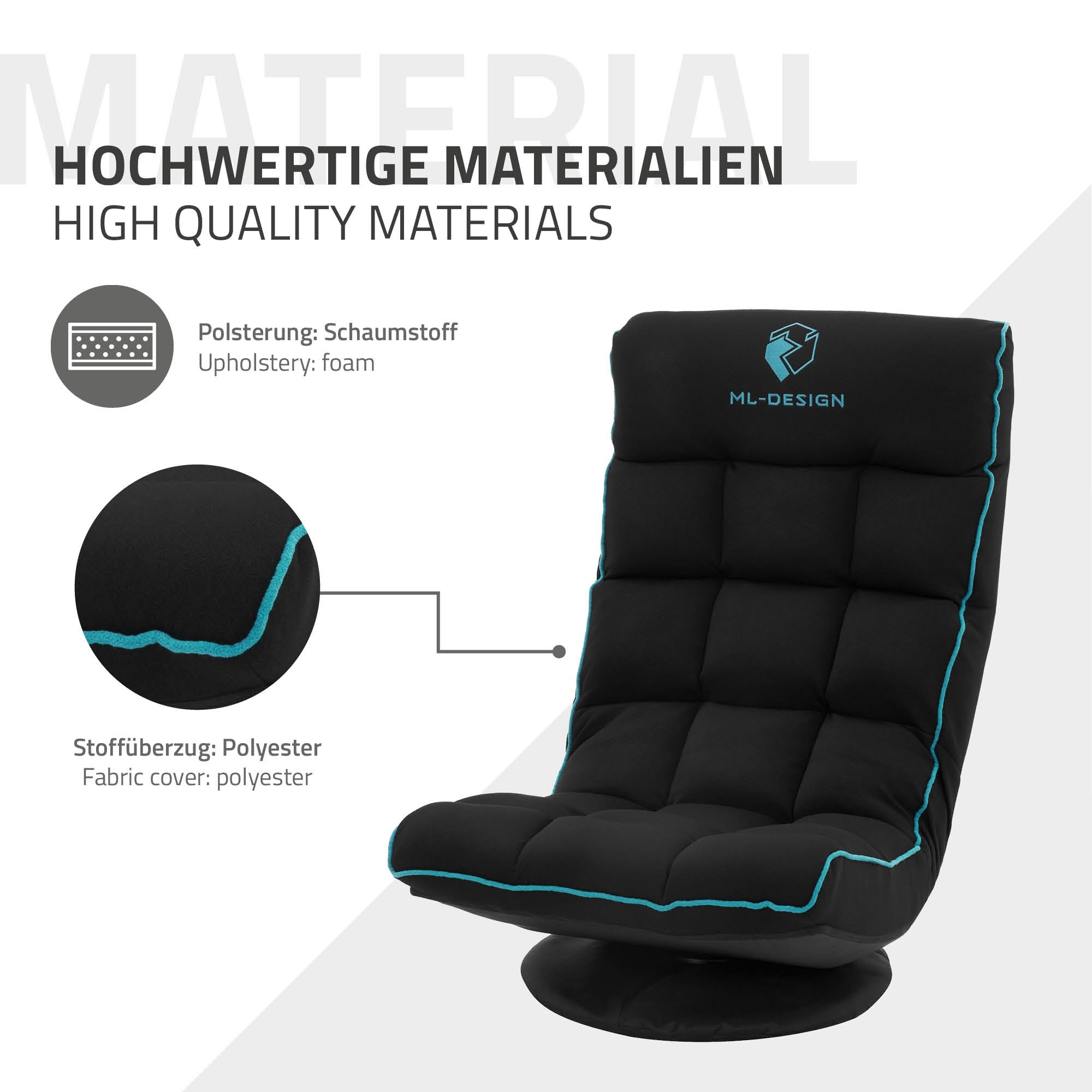 Fauteuil avec revêtement noir et accents bleus, description des matériaux.