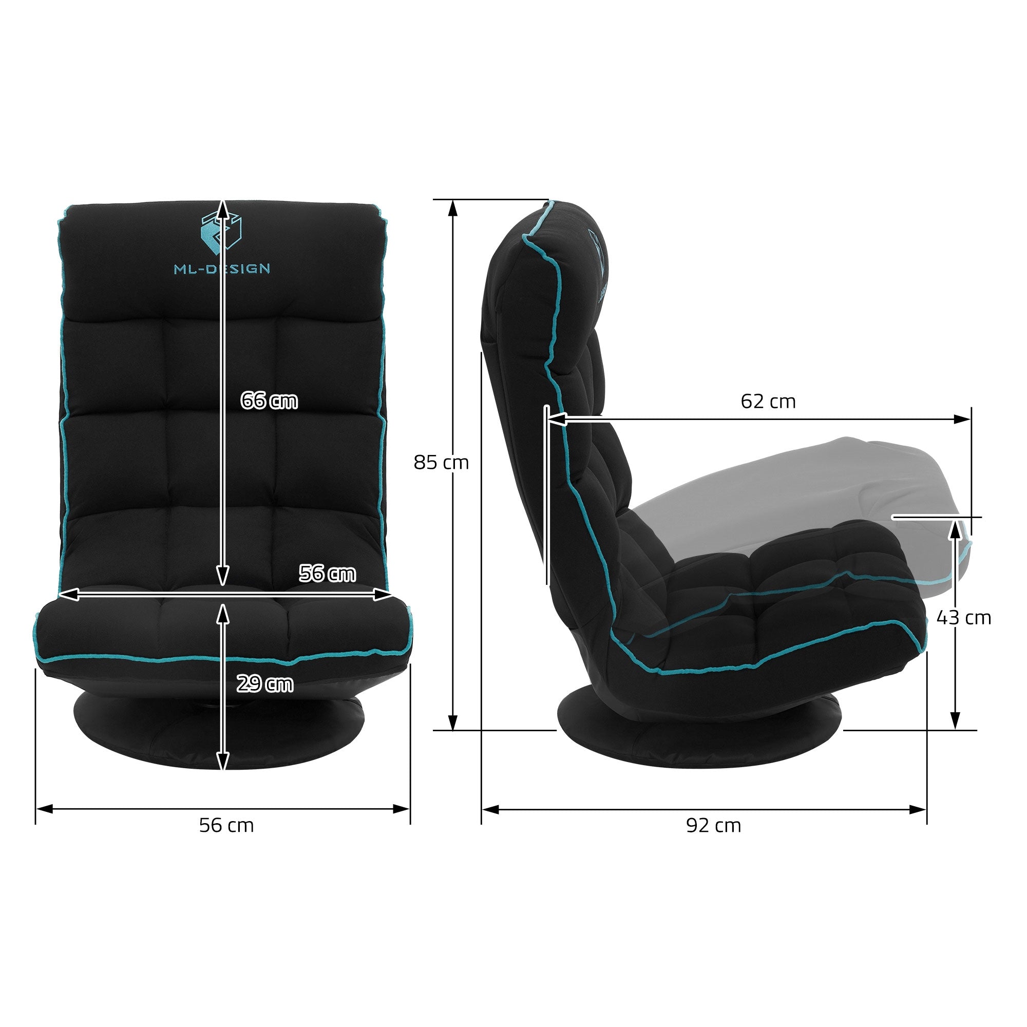 Illustration d'un bean bag noir avec des dimensions et des détails.