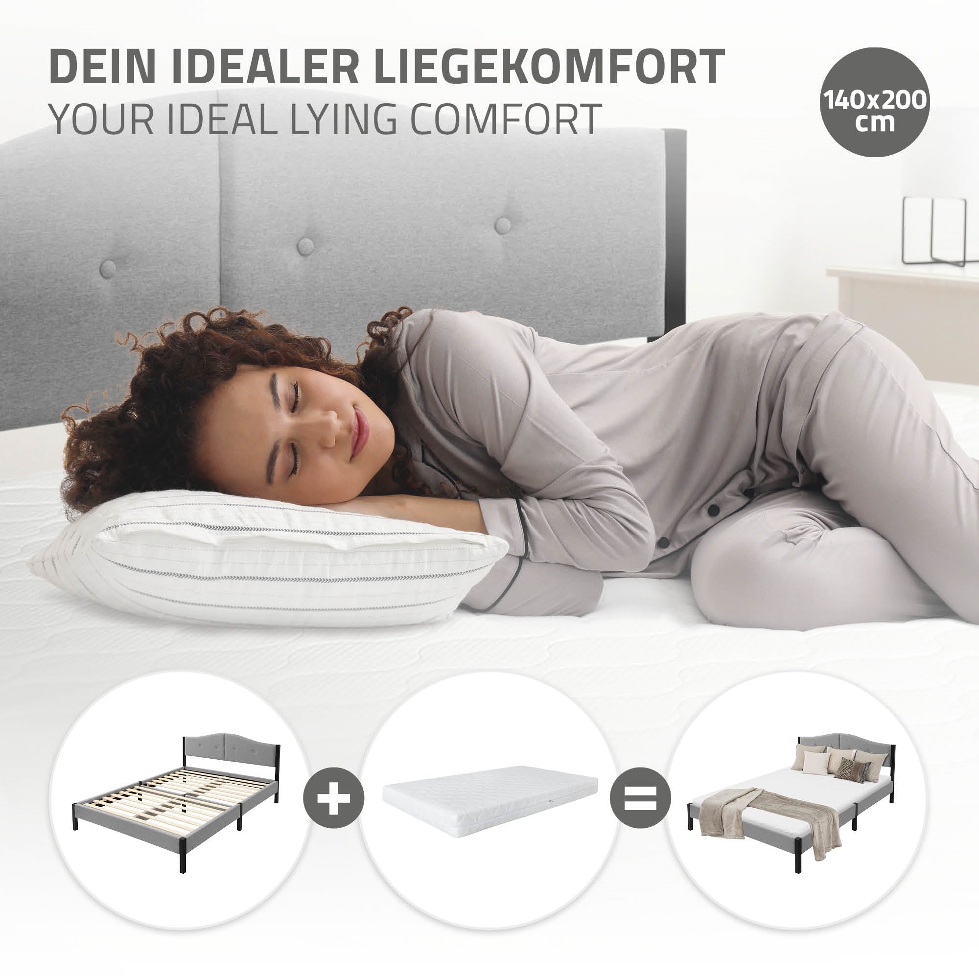 Une femme est allongée sur un lit avec un coussin, entourée d'informations sur le lit et le matelas.