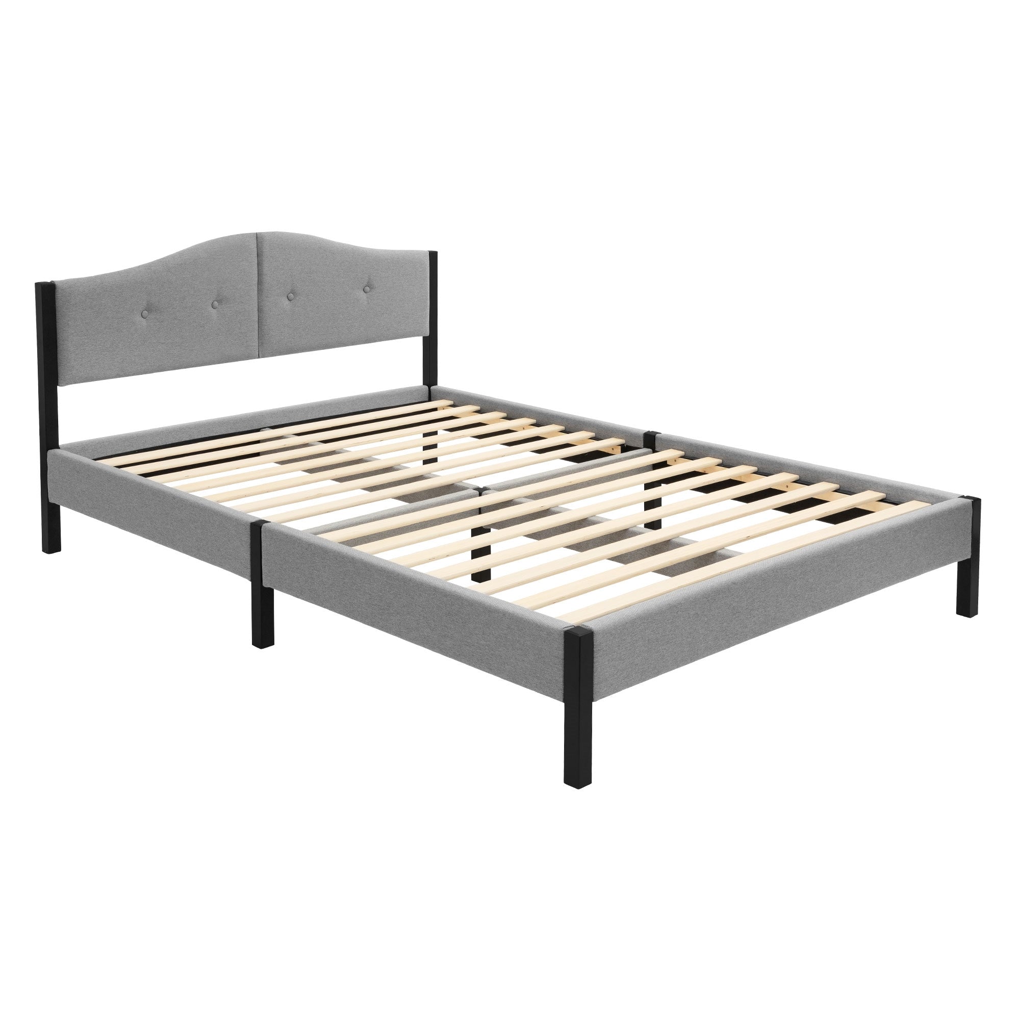 Een grijs bedframe zonder matras, met zichtbare houten latten aan de binnenkant.