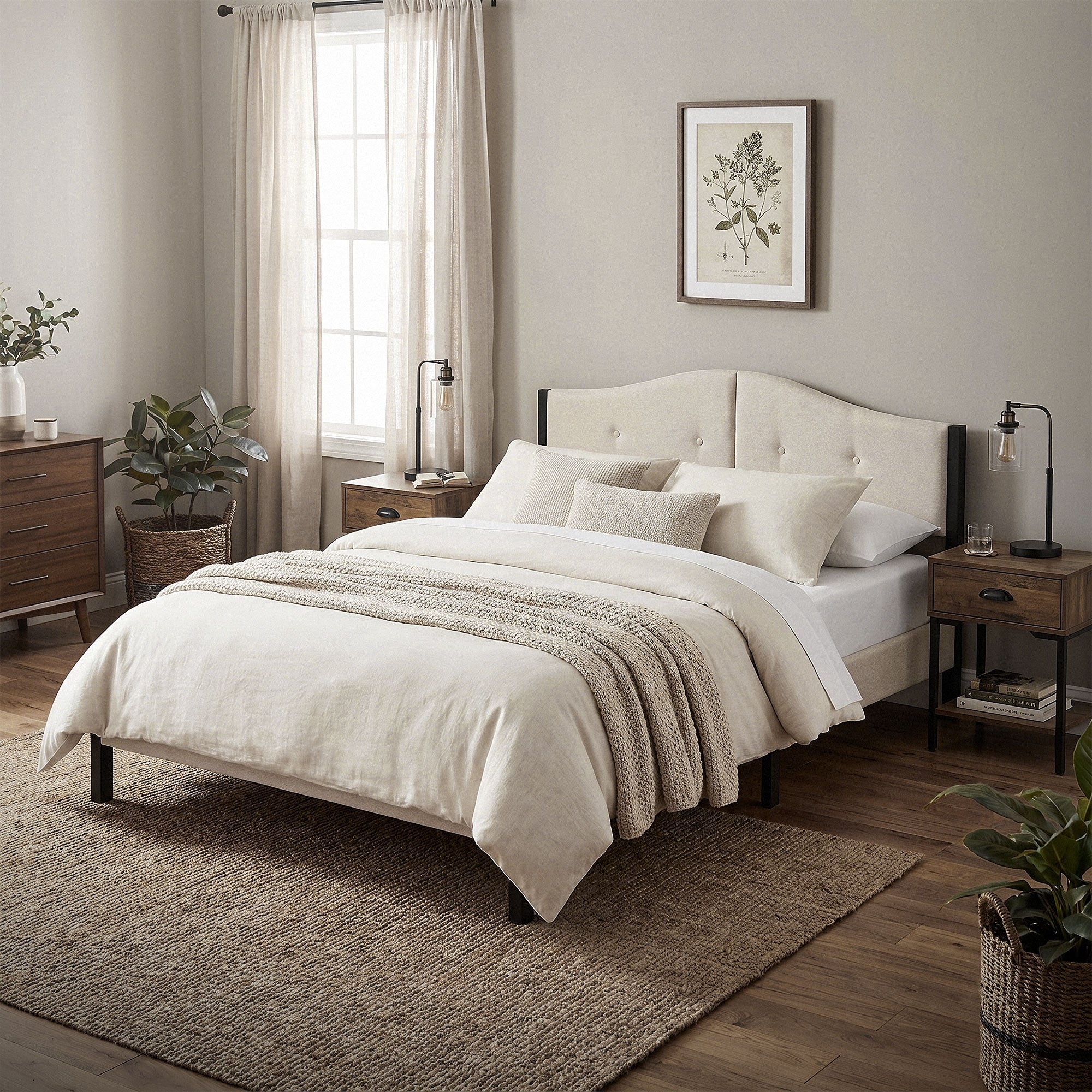 Ein Schlafzimmer mit einem weißen Bett, Holzmöbeln und Pflanzen.