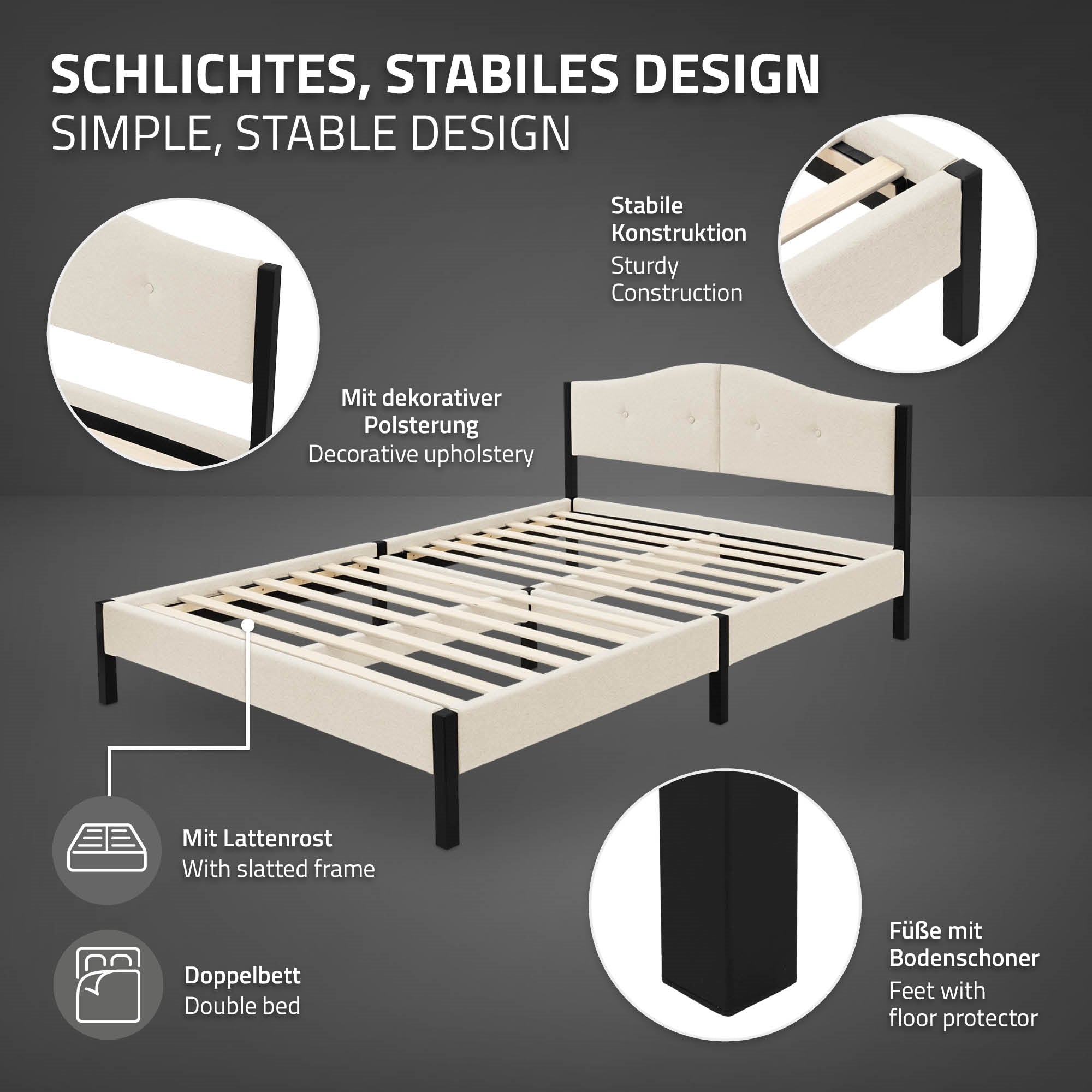 Grafik mit Informationen zu einem stabilen Bettdesign und seinen Eigenschaften.