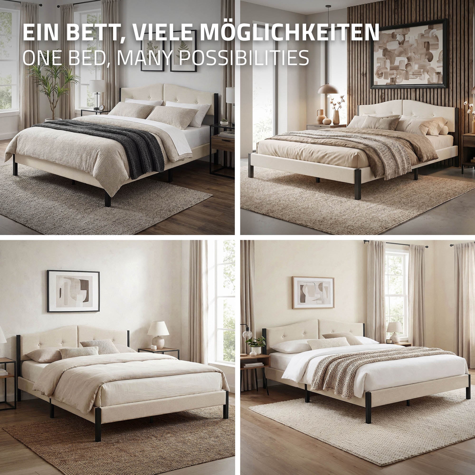 Collage von vier Bildern eines Bettes in verschiedenen Einrichtungsstilen.