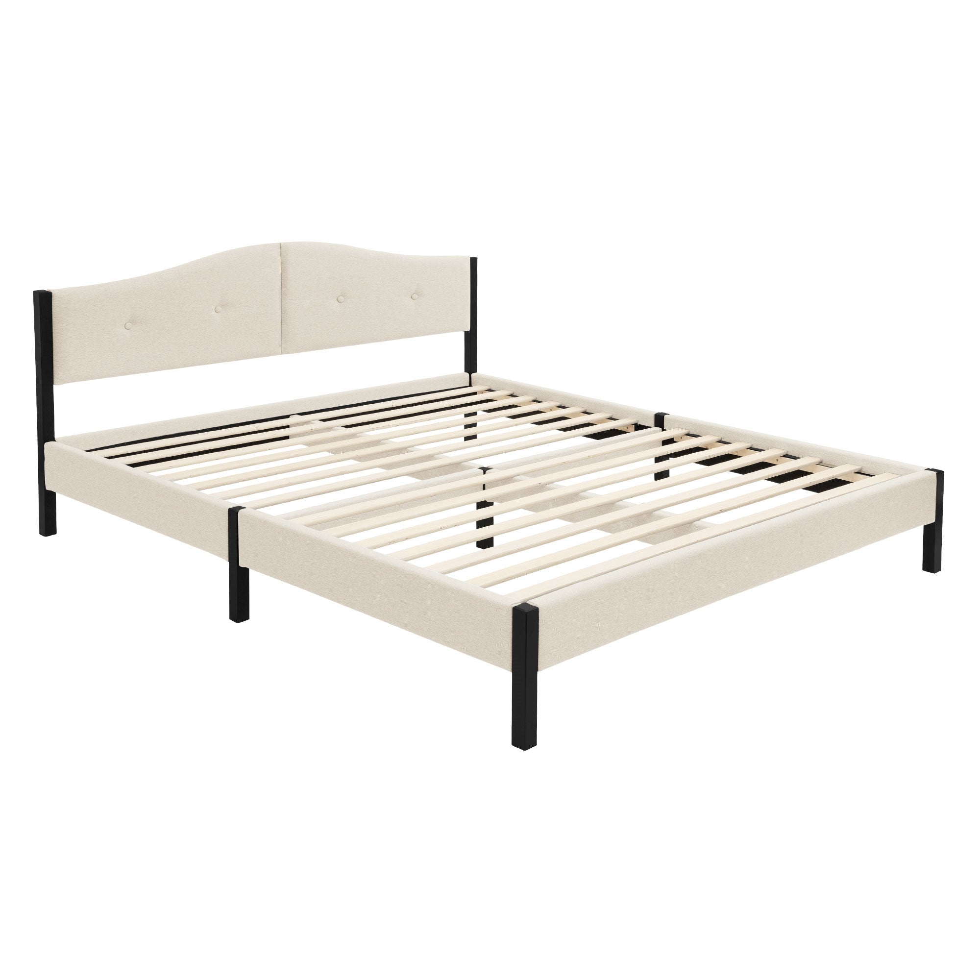 Bett mit hellem Bezug, Holzlattenrost und gepolsterter Kopfteil.