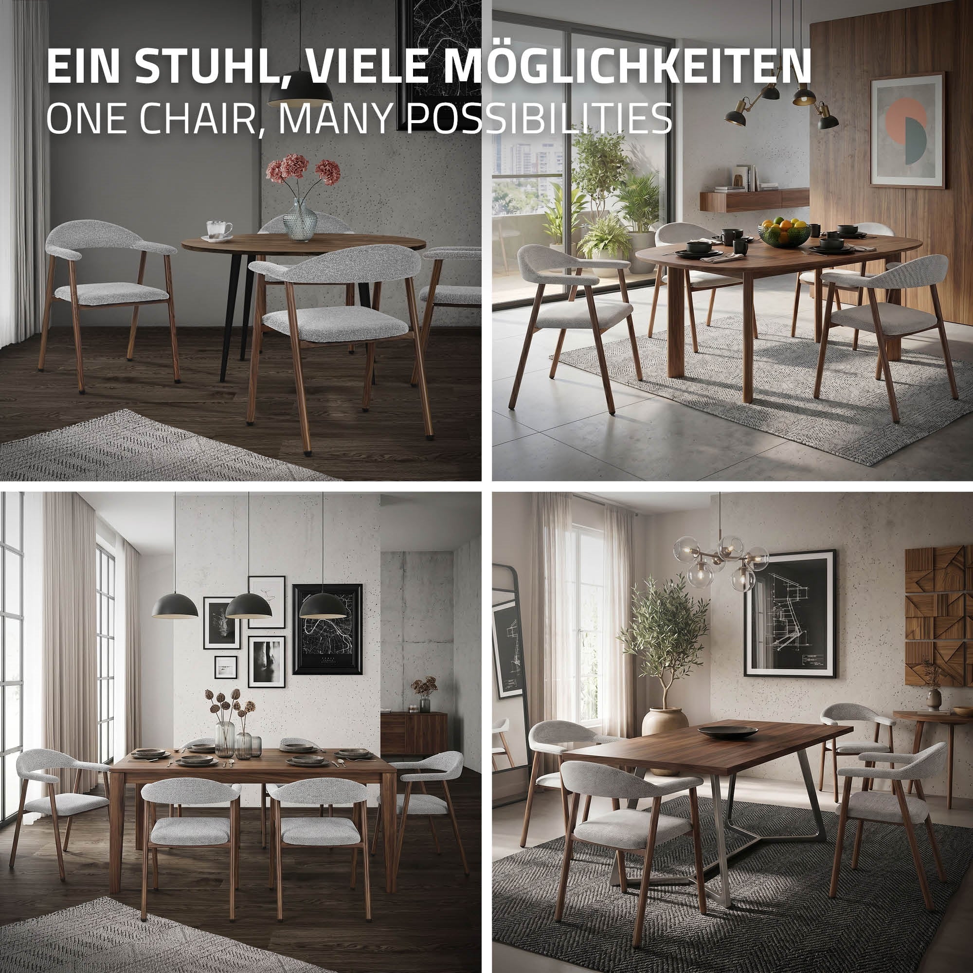 Huone, jossa on erilaisia pöytä- ja tuolijärjestelyjä modernissa designissa.