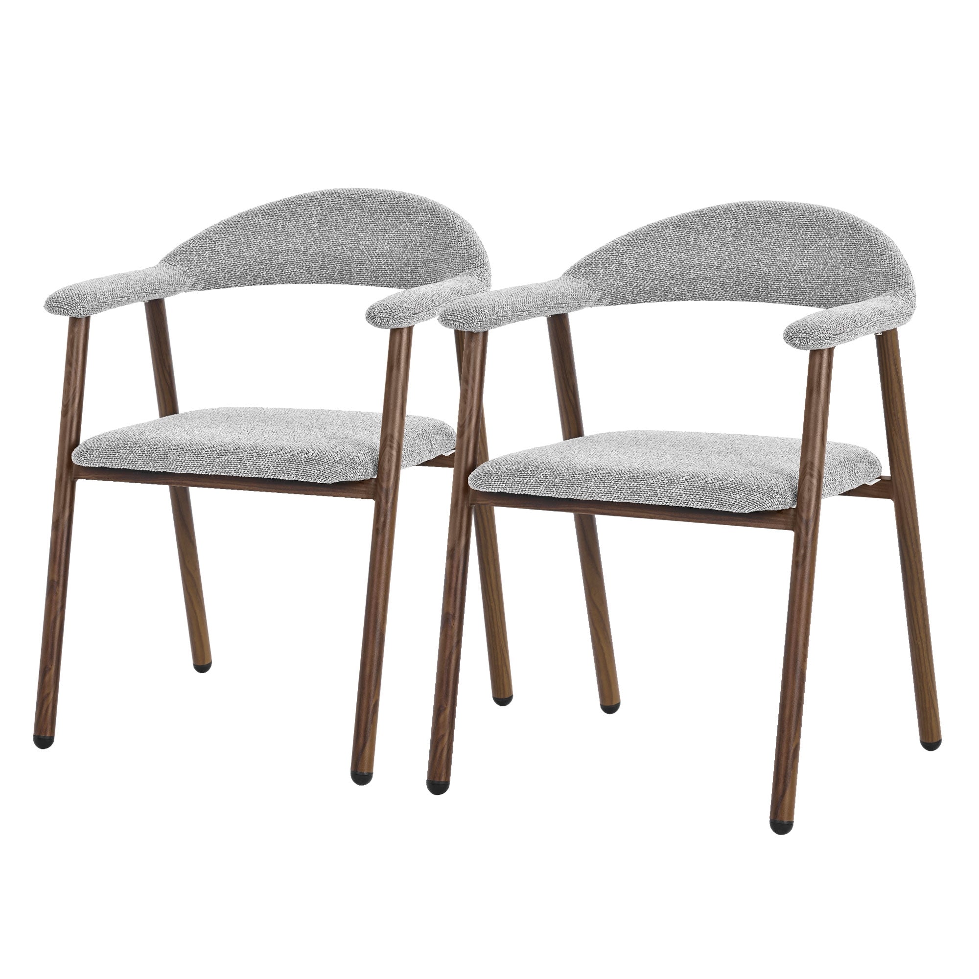 Two gray chairs with wooden legs, on a white background.