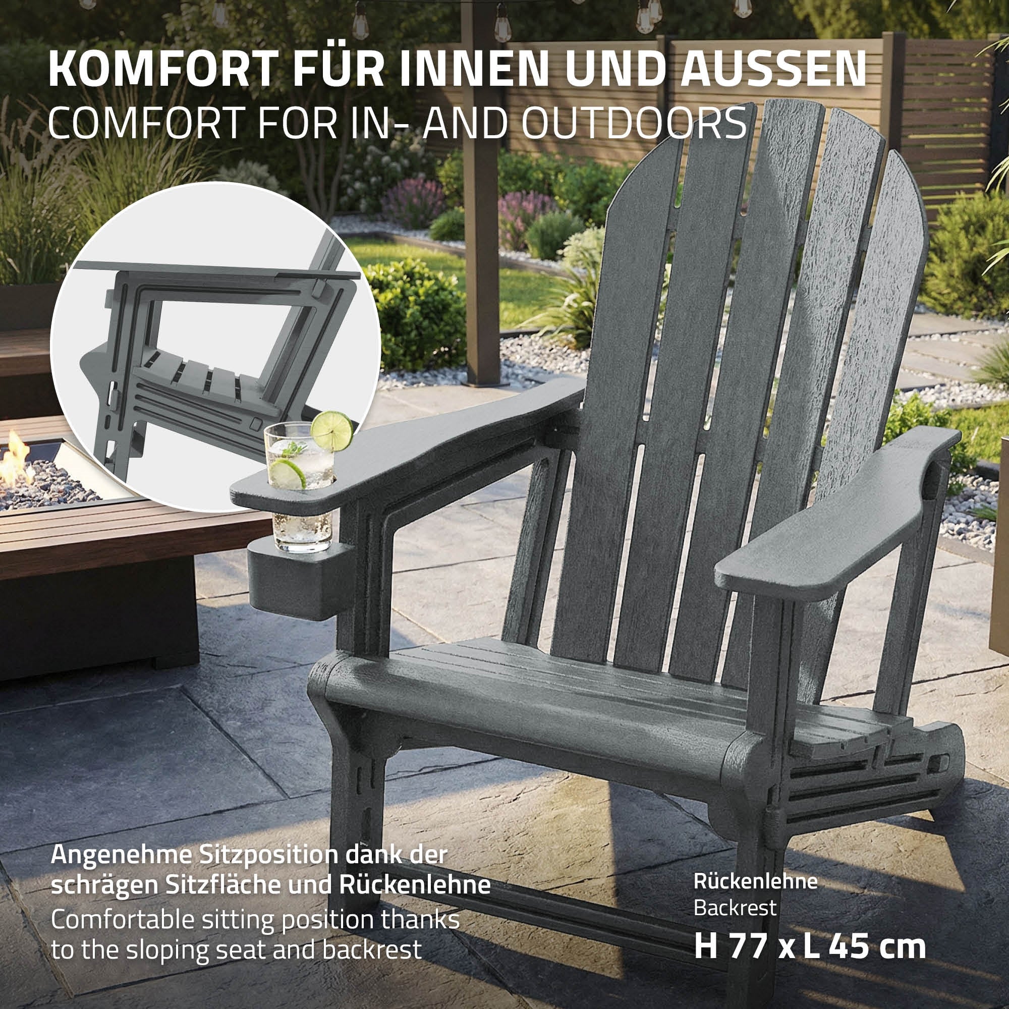 Adirondack-Stuhl mit Beschreibung für Innen- und Außenbereich.