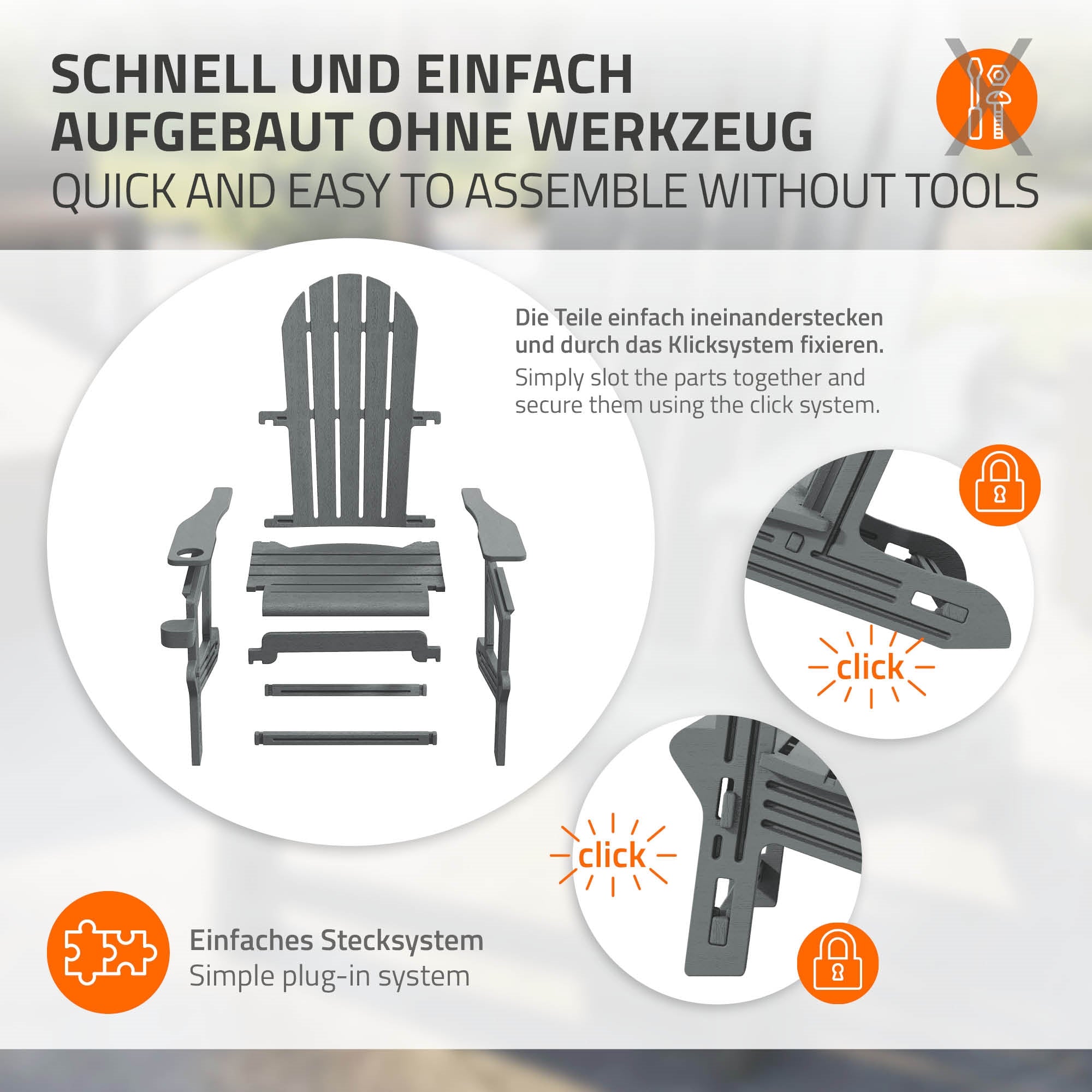 Montageanleitung für ein Gartenstuhl-Set ohne Werkzeuge.