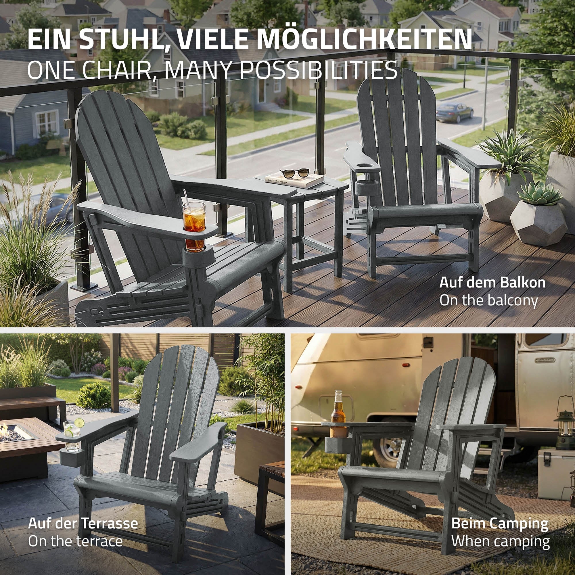 Bild eines Stuhls in verschiedenen Nutzungsszenarien auf Balkon und Terrasse.