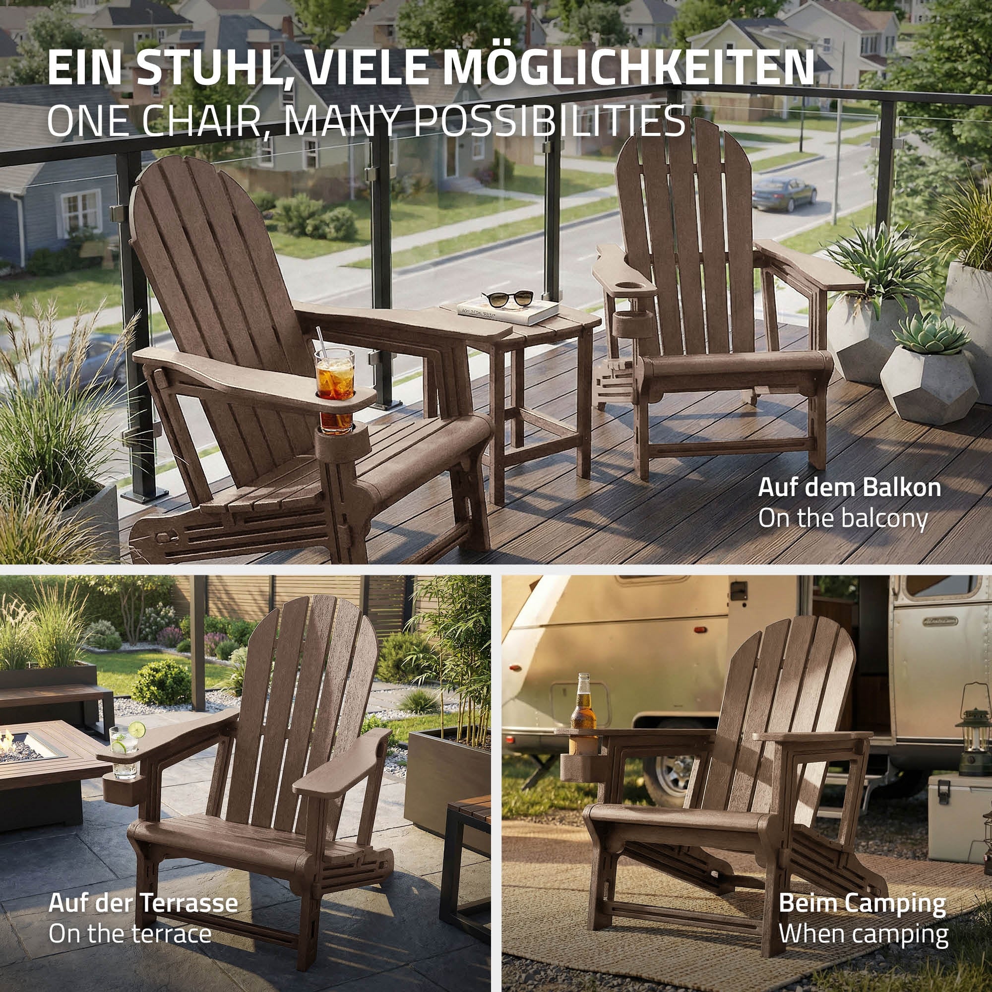 Drei Bilder von einem Holzstuhl auf Balkon, Terrasse und beim Camping.
