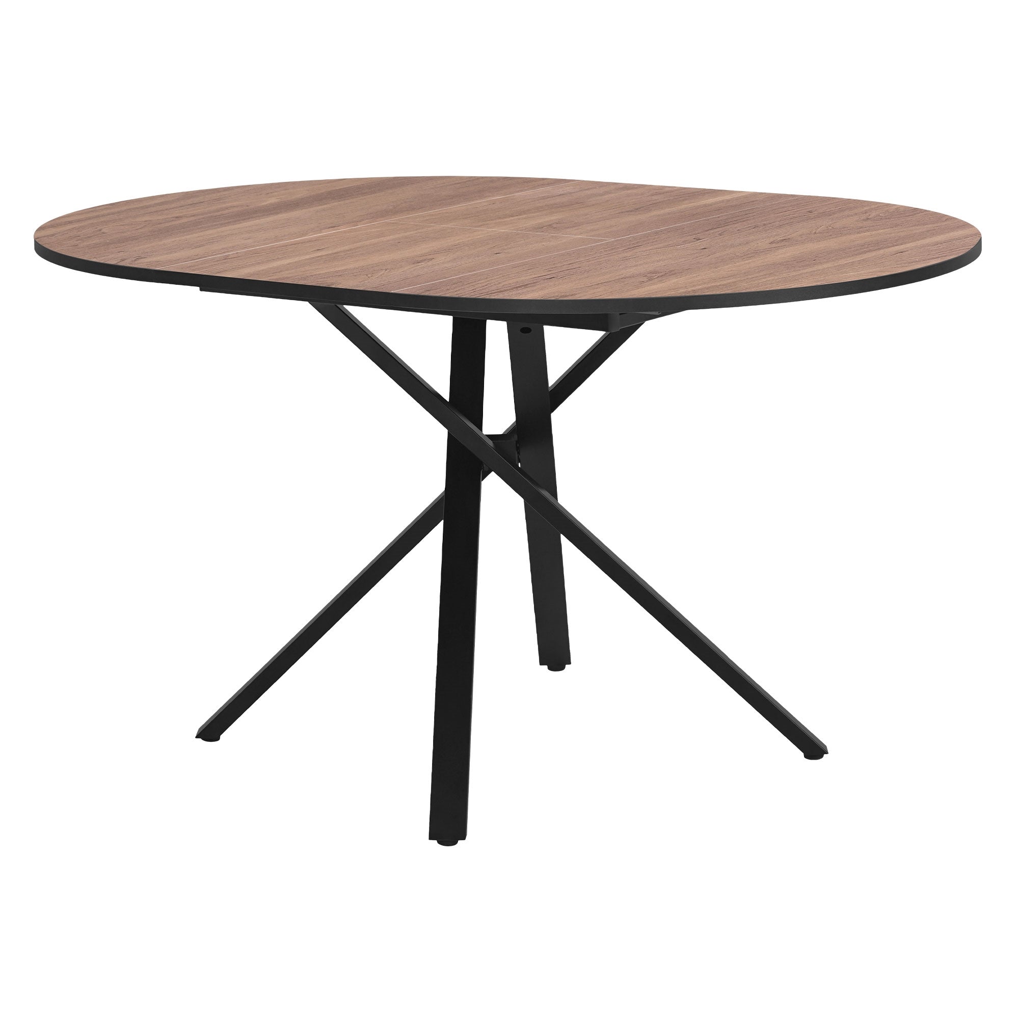 Ronde tafel met houten blad en zwart frame, op een witte achtergrond.