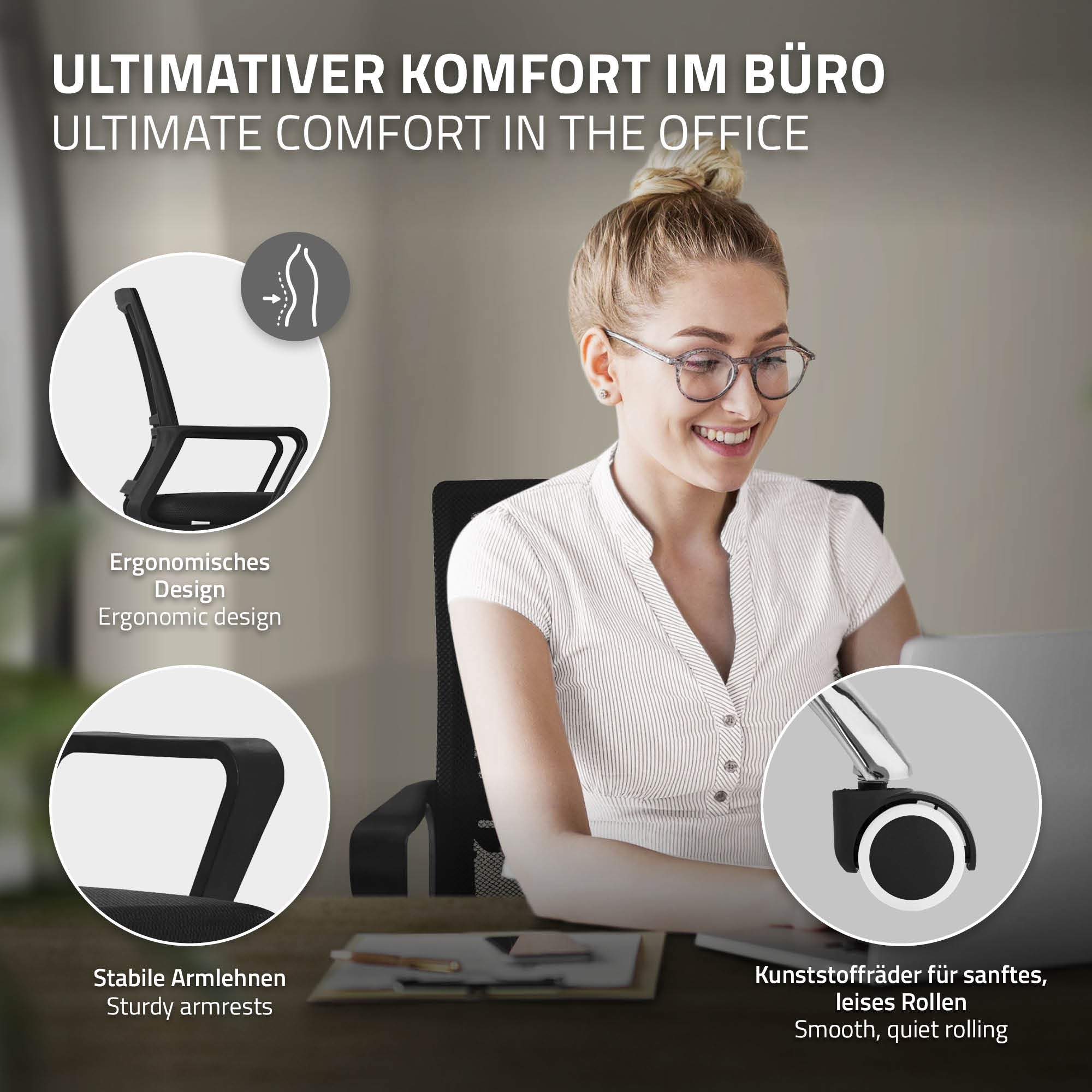 Bürostuhl mit stabilen Armlehnen und ruhigen Rollen.
