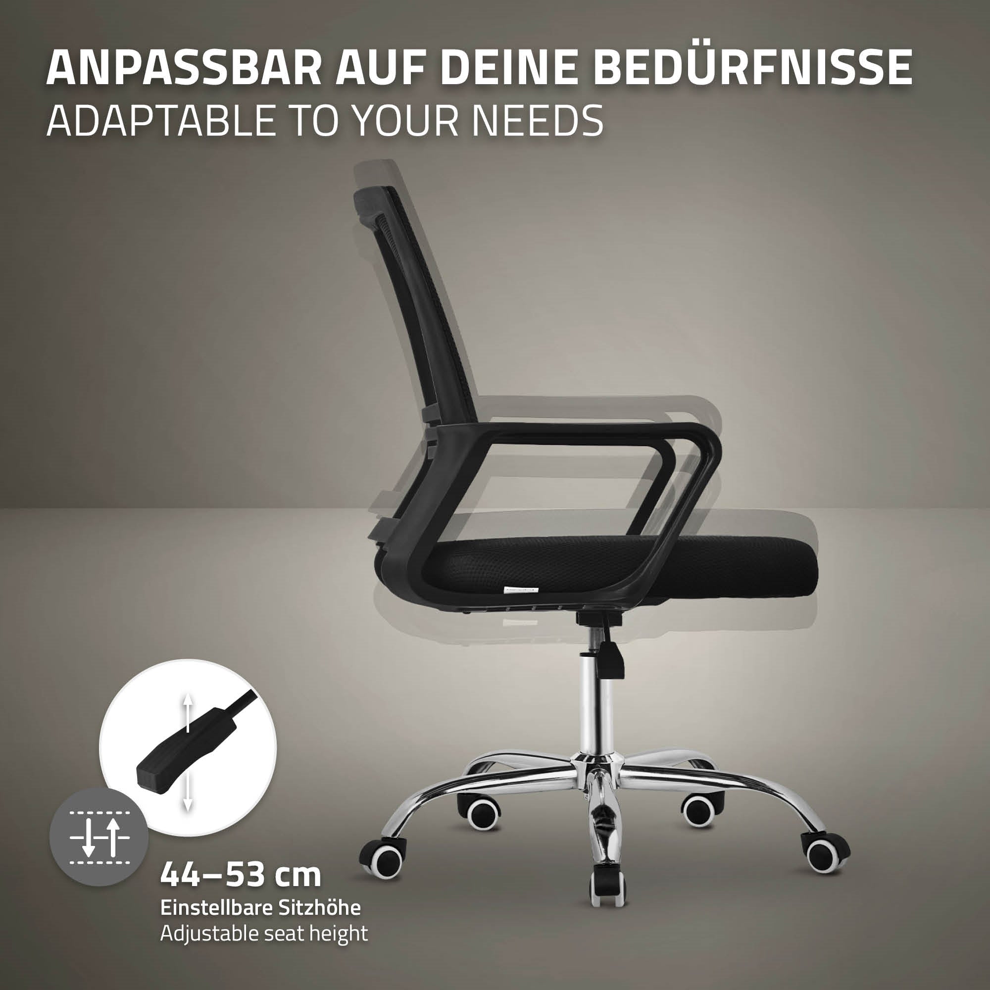 Bürostuhl mit verstellbarer Sitzhöhe und Rollen.