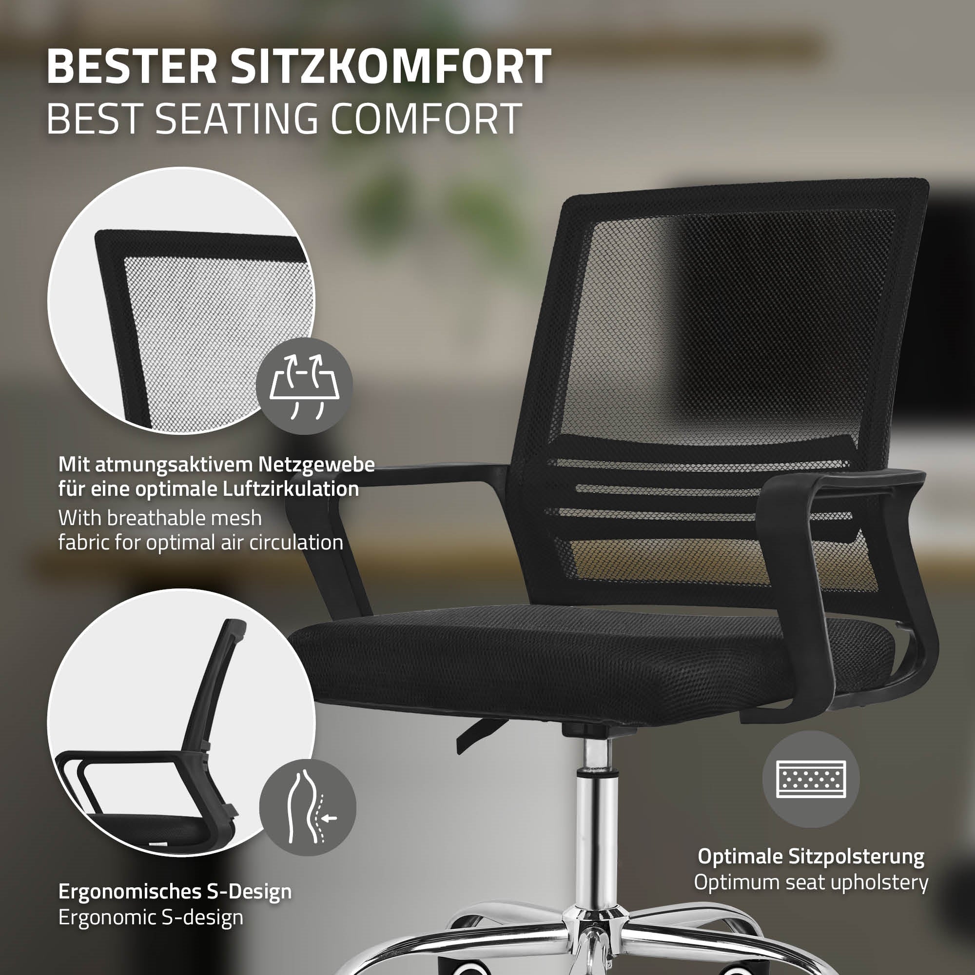Schwarzer Bürostuhl mit Netzgewebe und ergonomischem Design.