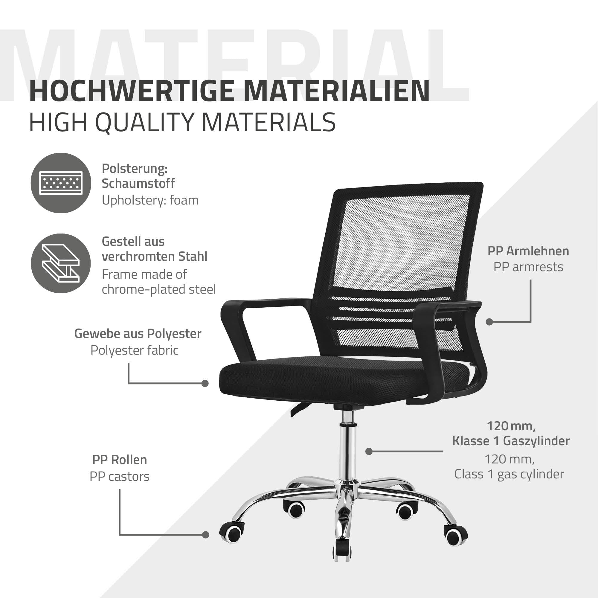 Schwarzer Bürostuhl mit Armlehnen und Rollen, aus Netzstoff und Schaumstoff.