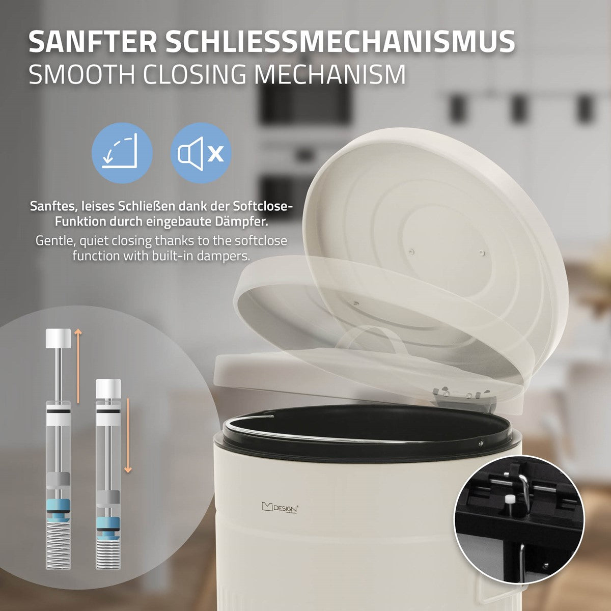 Mülltonne mit offenem Deckel und Abbildung des Schließmechanismus.
