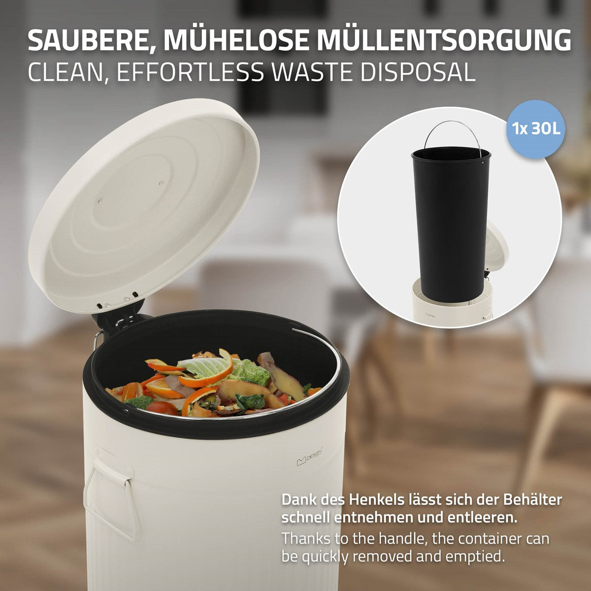 Offener Mülleimer mit einem schwarzen Innenbehälter und Essensresten.