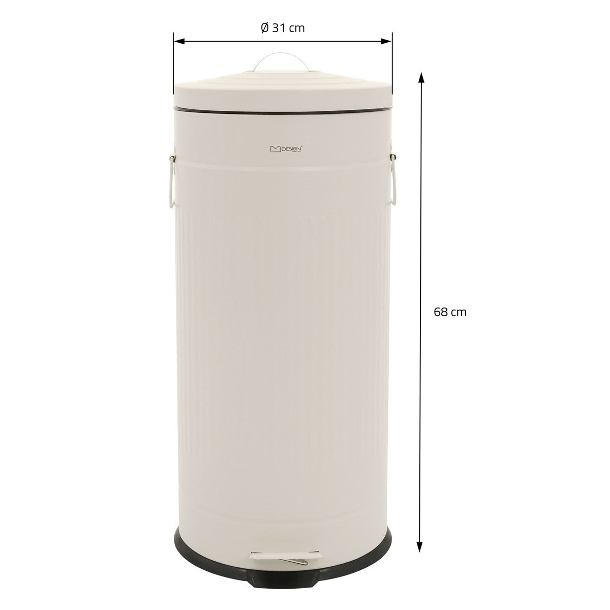 Weißer Mülleimer mit Abmessungen: Durchmesser 31 cm, Höhe 68 cm.