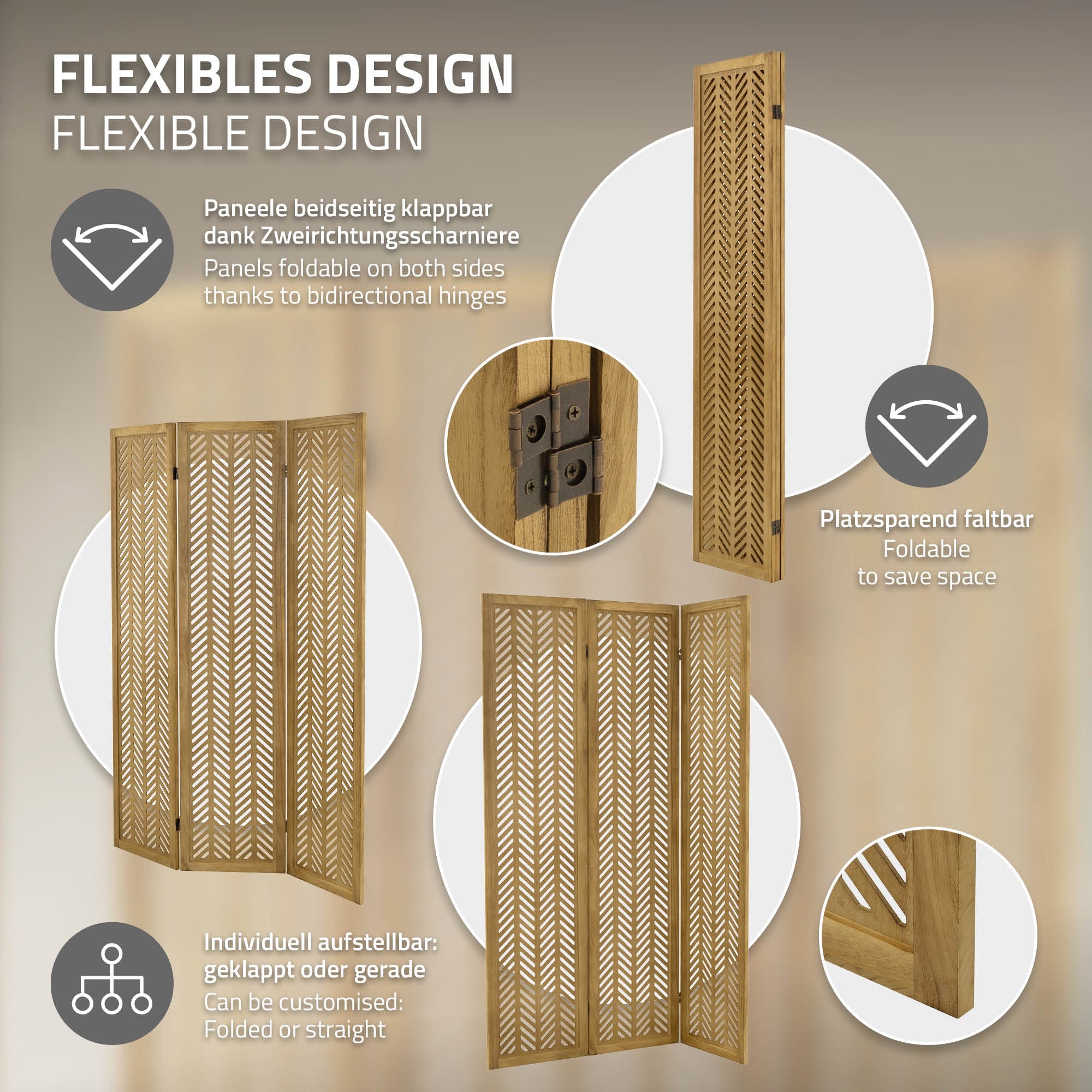 Skládací paraván z dřeva, ukazuje designové prvky a možnosti přizpůsobení.