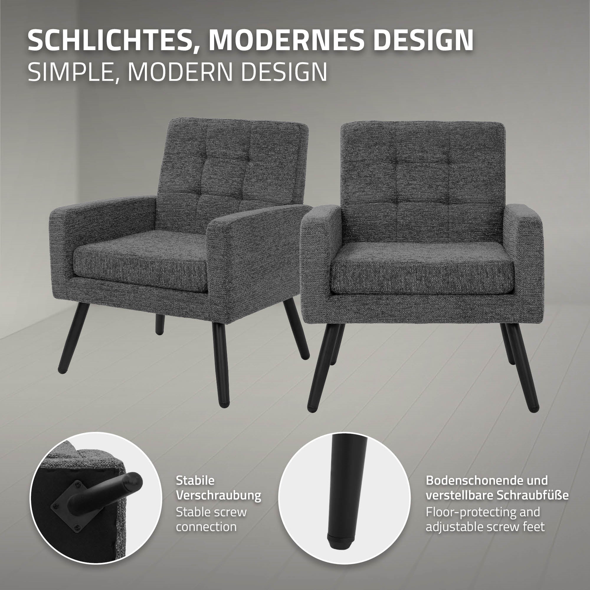 Due poltrone moderne in grigio scuro, con connessione a vite stabile.