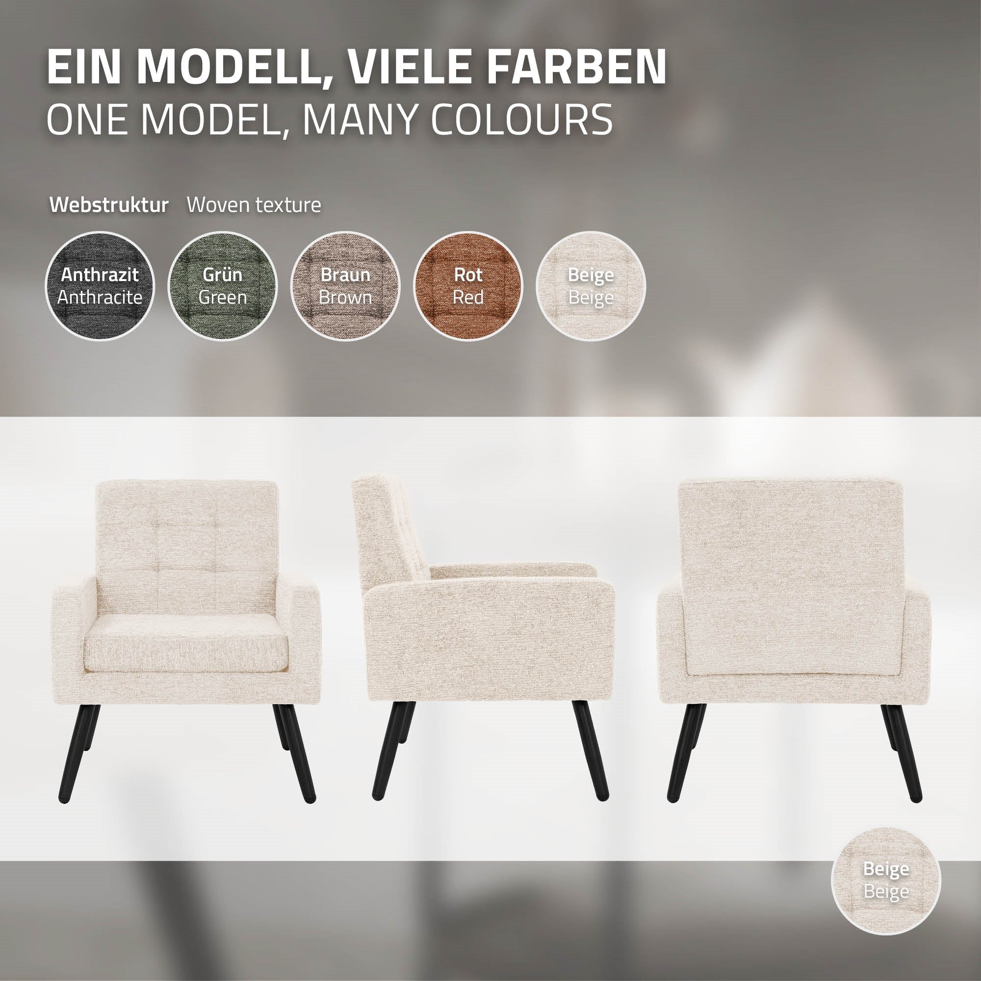 Beige székek különböző színekben és modern dizájnnal.