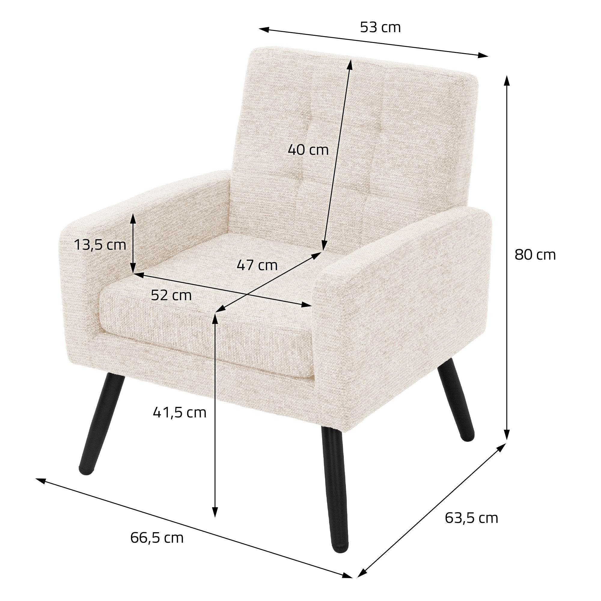 Fehér fotel méretekkel: 53 cm szélesség, 80 cm magasság, 63,5 cm mélység.